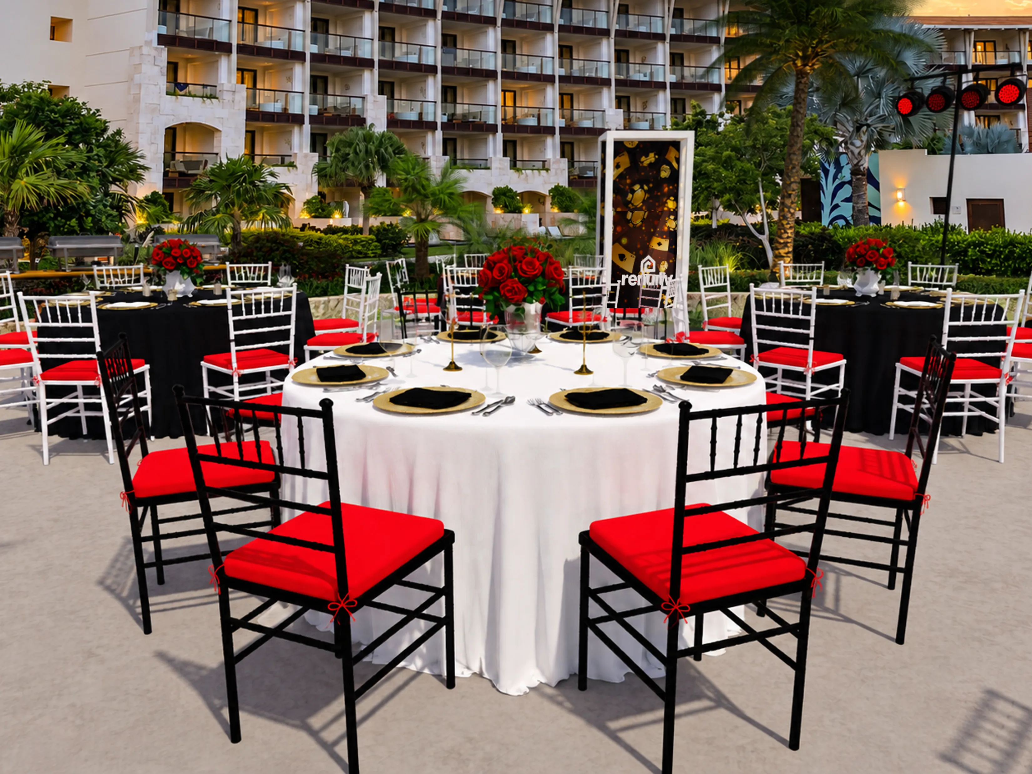 3D render of the casino gala with black and white table settings, gold chargers, red cushions, and red floral centerpieces.
