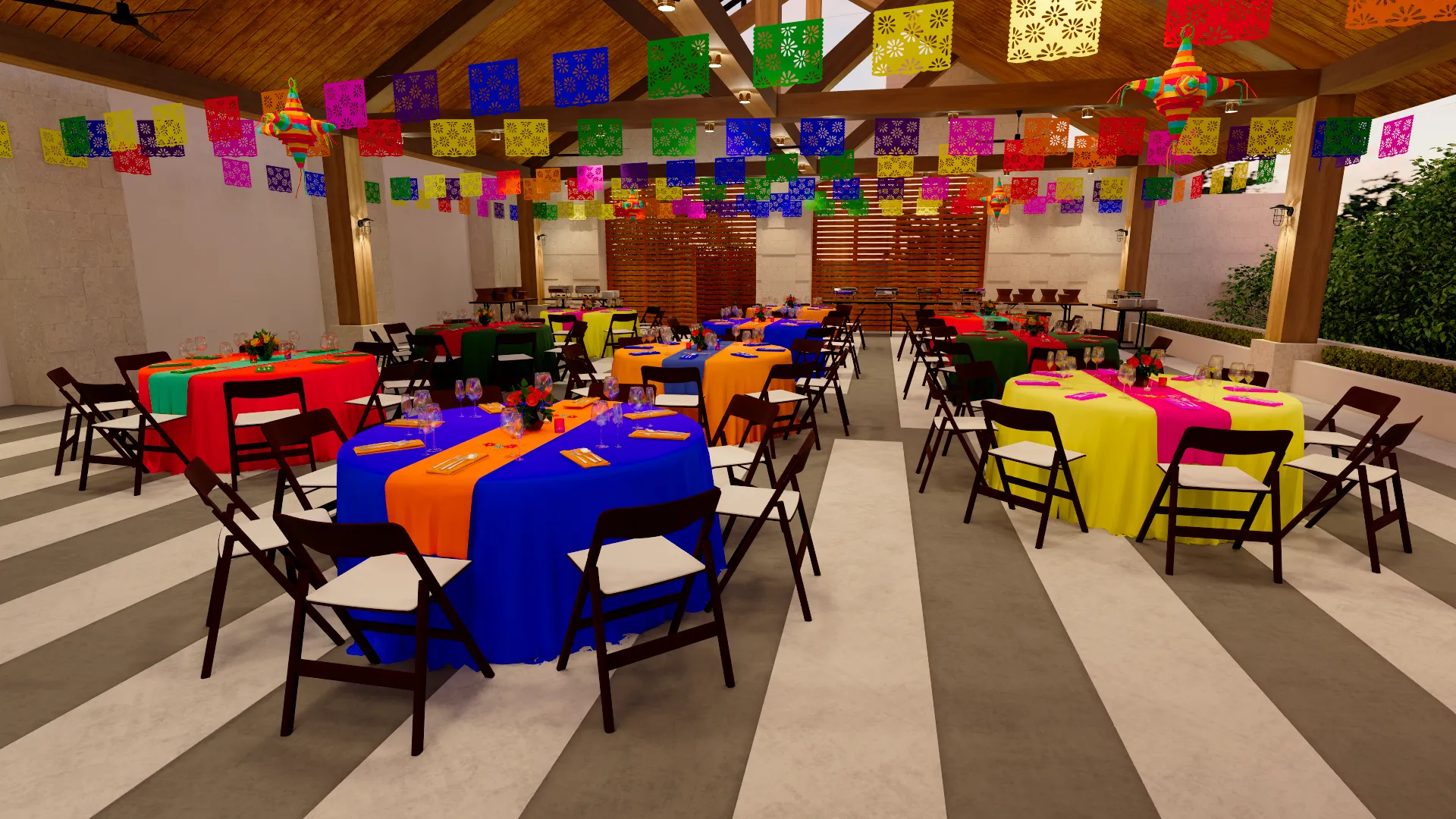 3D render of El Patio Terrace with bright table linens, contrasting runners, papel picado, and hanging piñatas.