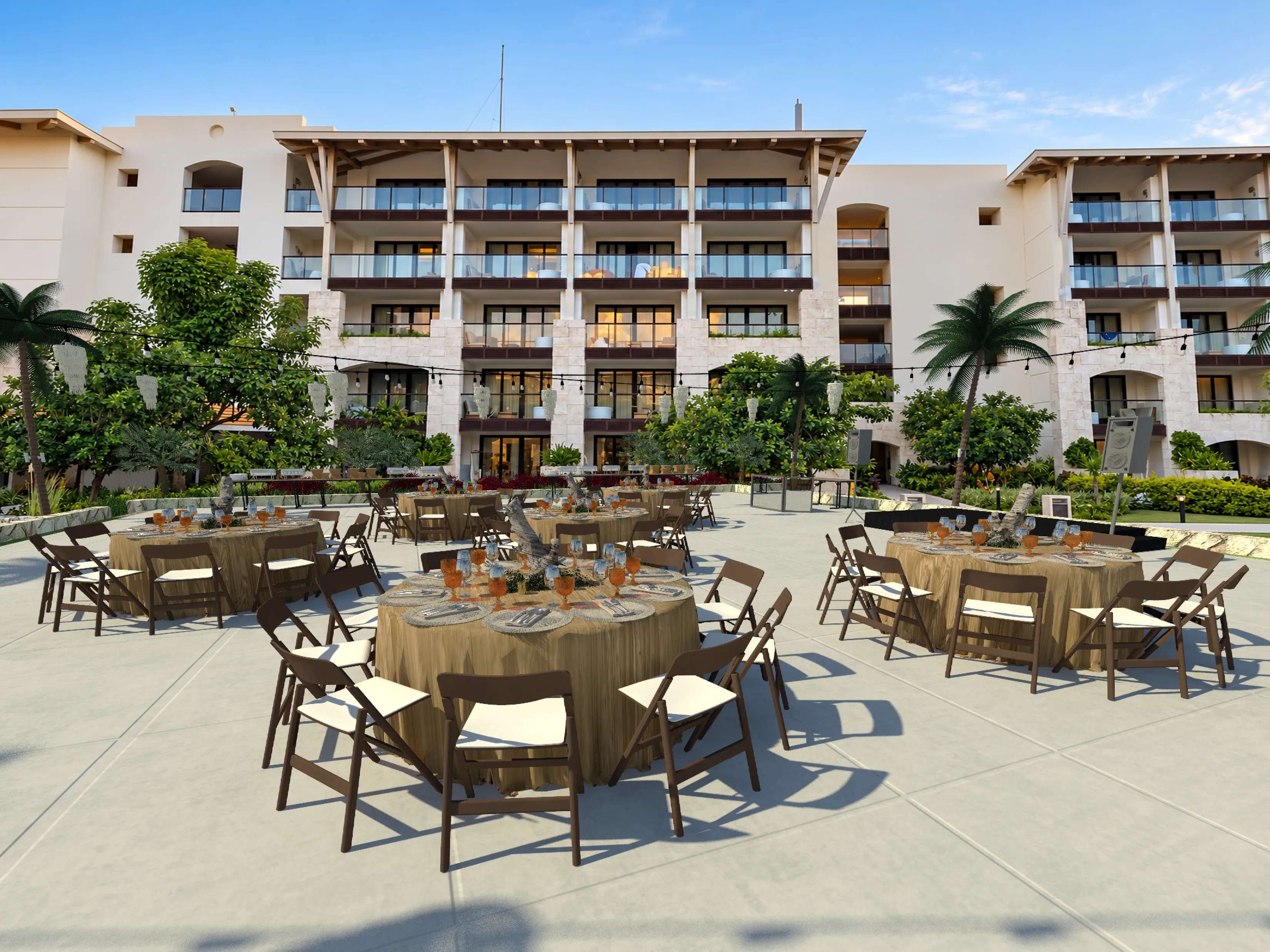 3D render of Nayade Terrace with round tables in sandy beige linens, wooden chairs, and natural centerpieces.