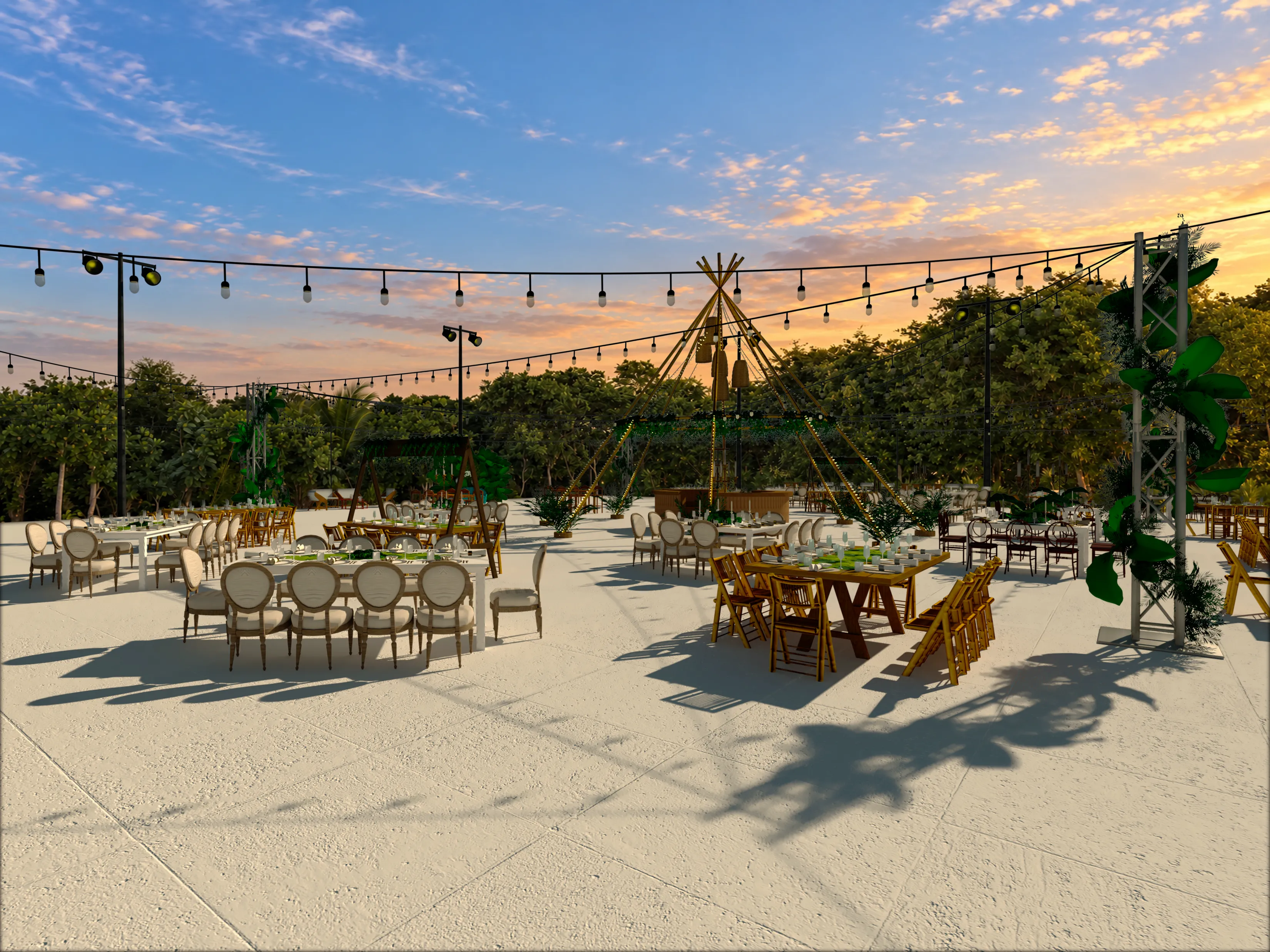 3D render of a tropical dinner layout with wooden dining tables, foliage-covered frames, a tall timber canopy, and bistro lights.