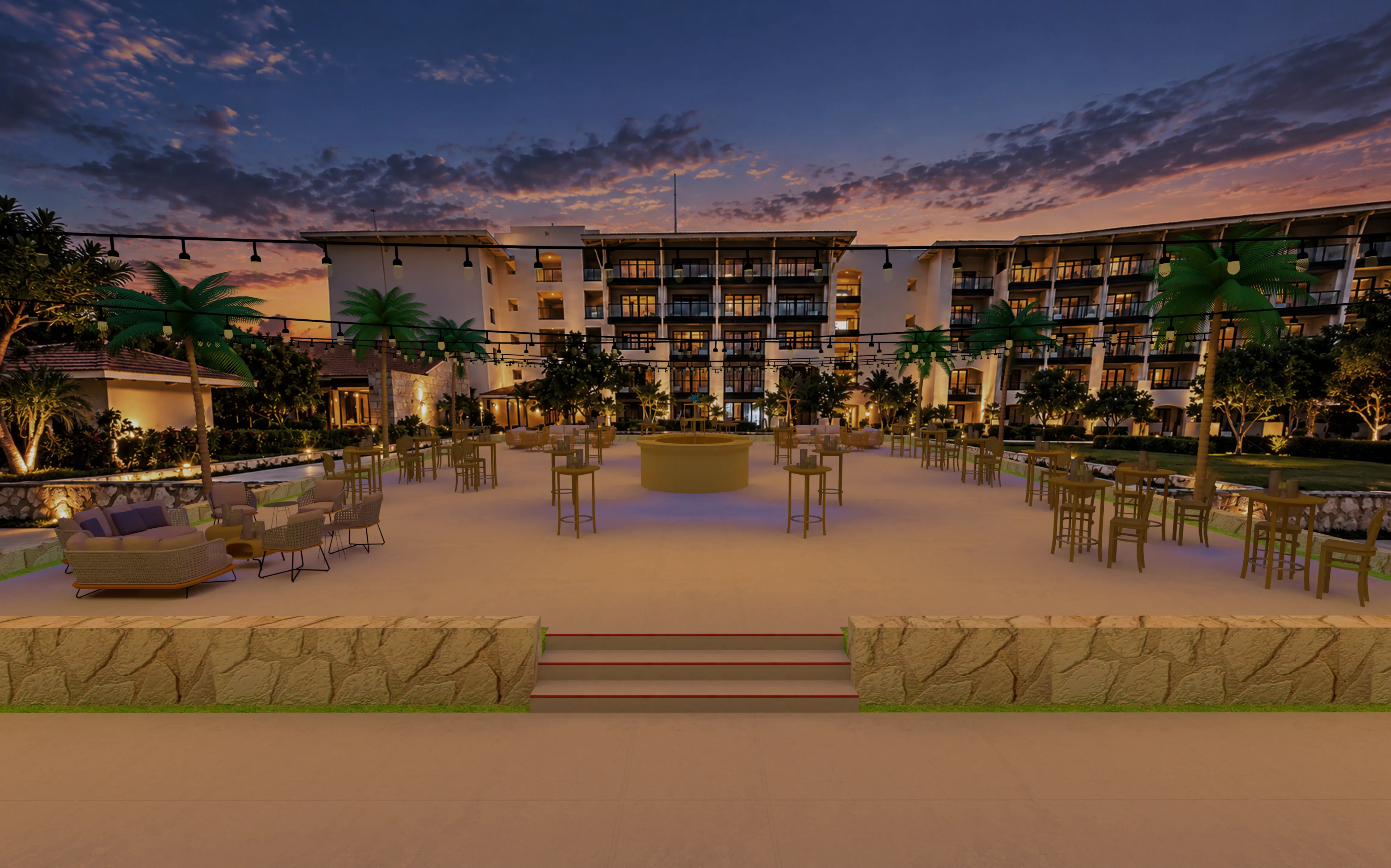 3D render of Nayade Terrace with lounge furniture, cocktail tables, a central round bar, and bistro lights at dusk.
