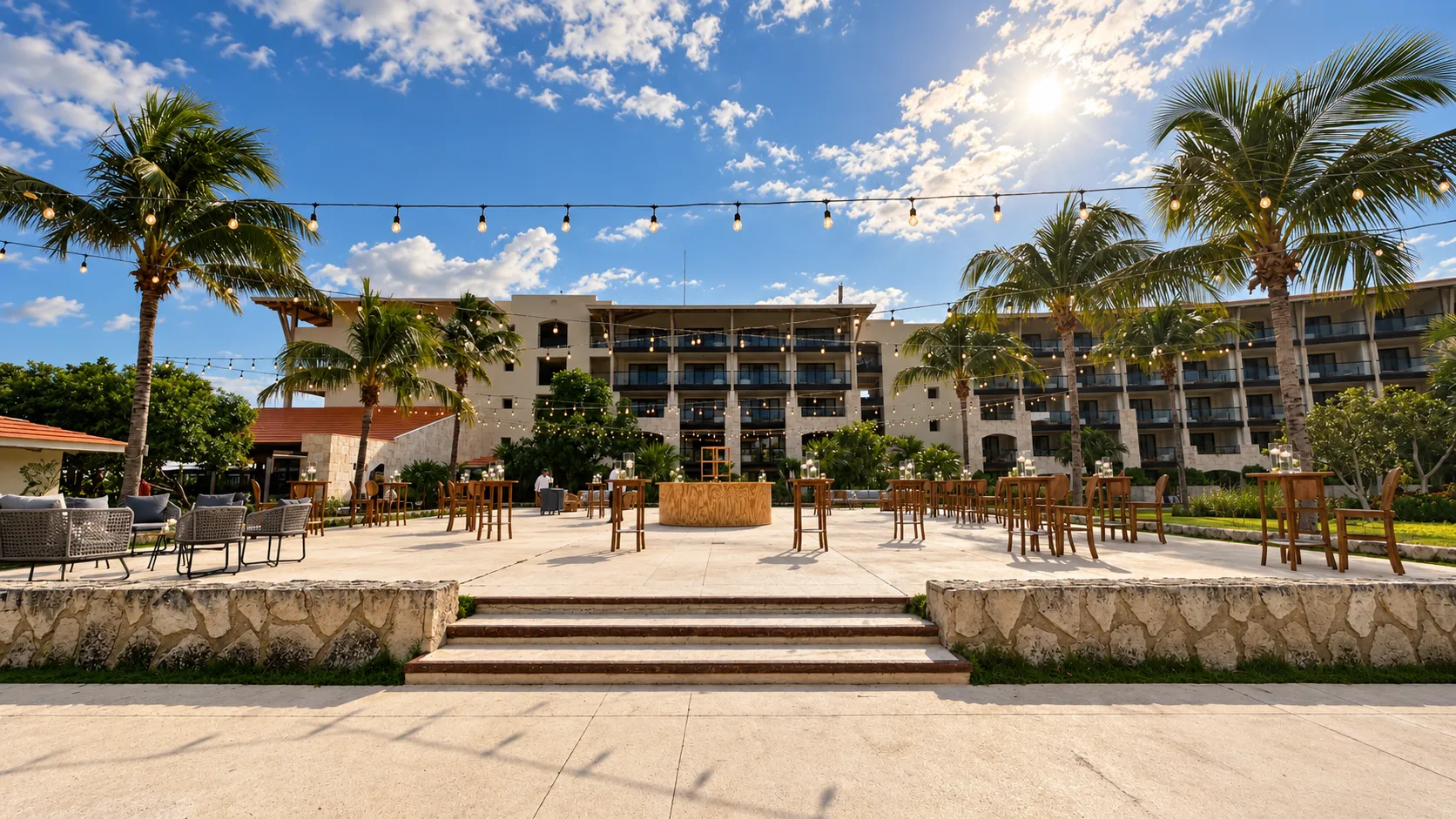 Daytime view up the steps to Nayade Terrace, with lounge seating, cocktail tables, a central wooden bar, and bistro lights overhead.