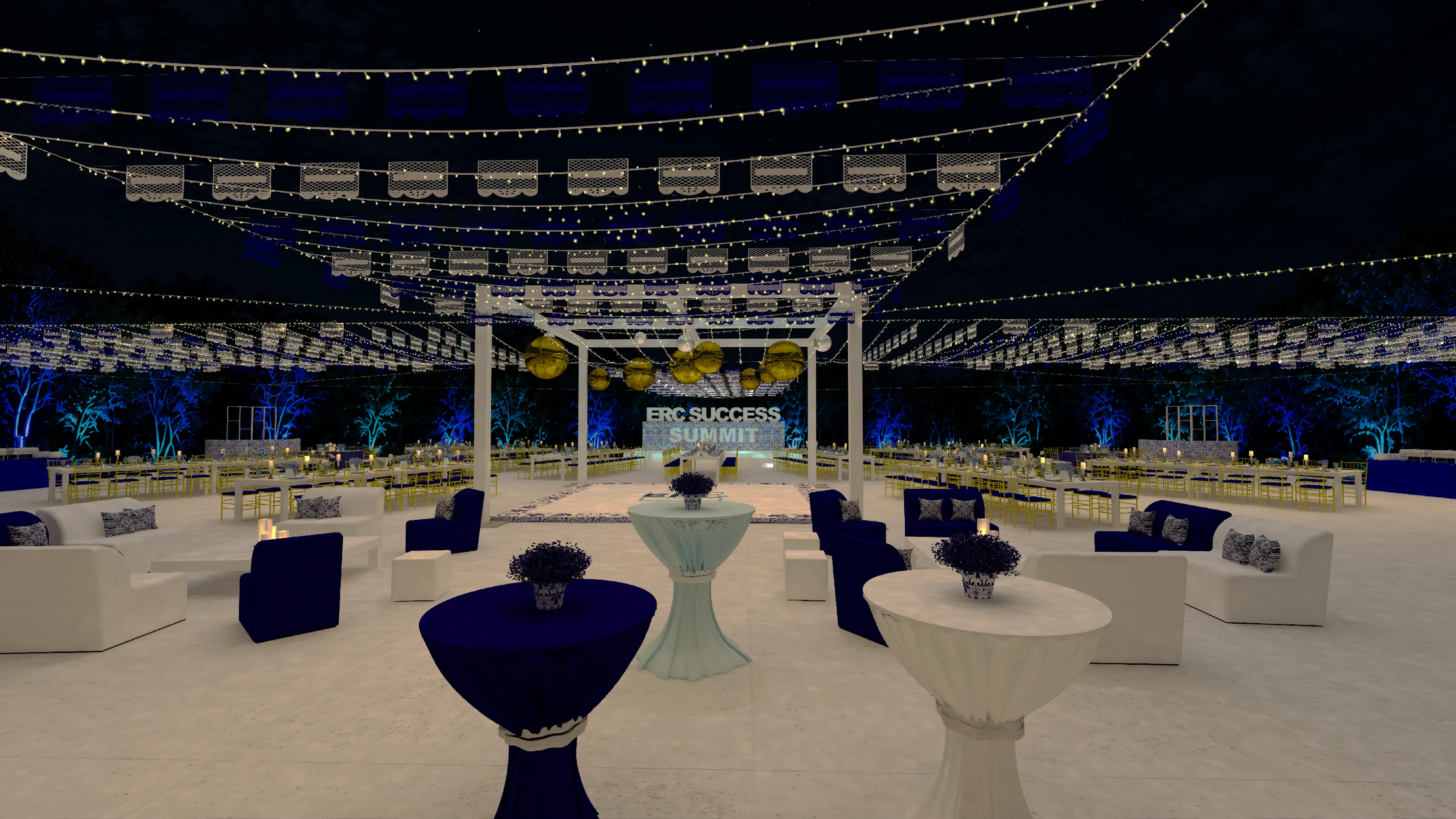 3D render of a recognition dinner with blue and white tablescapes, patterned dance floor, stage lettering, and strings of papel picado overhead.