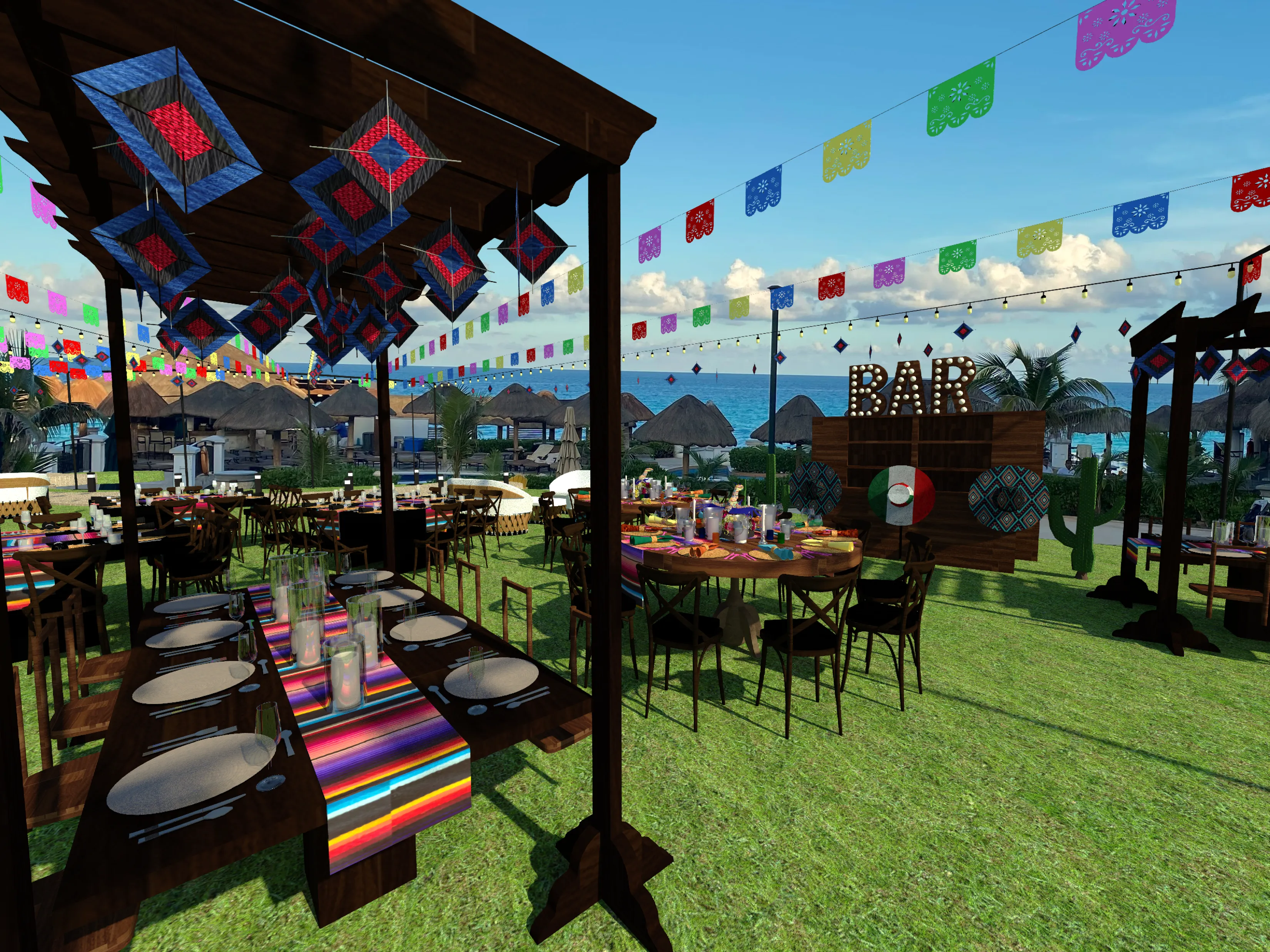 3D render of Seaside Garden with colorful overhead flags, serape table runners, wooden pergolas, and rustic dining furniture.