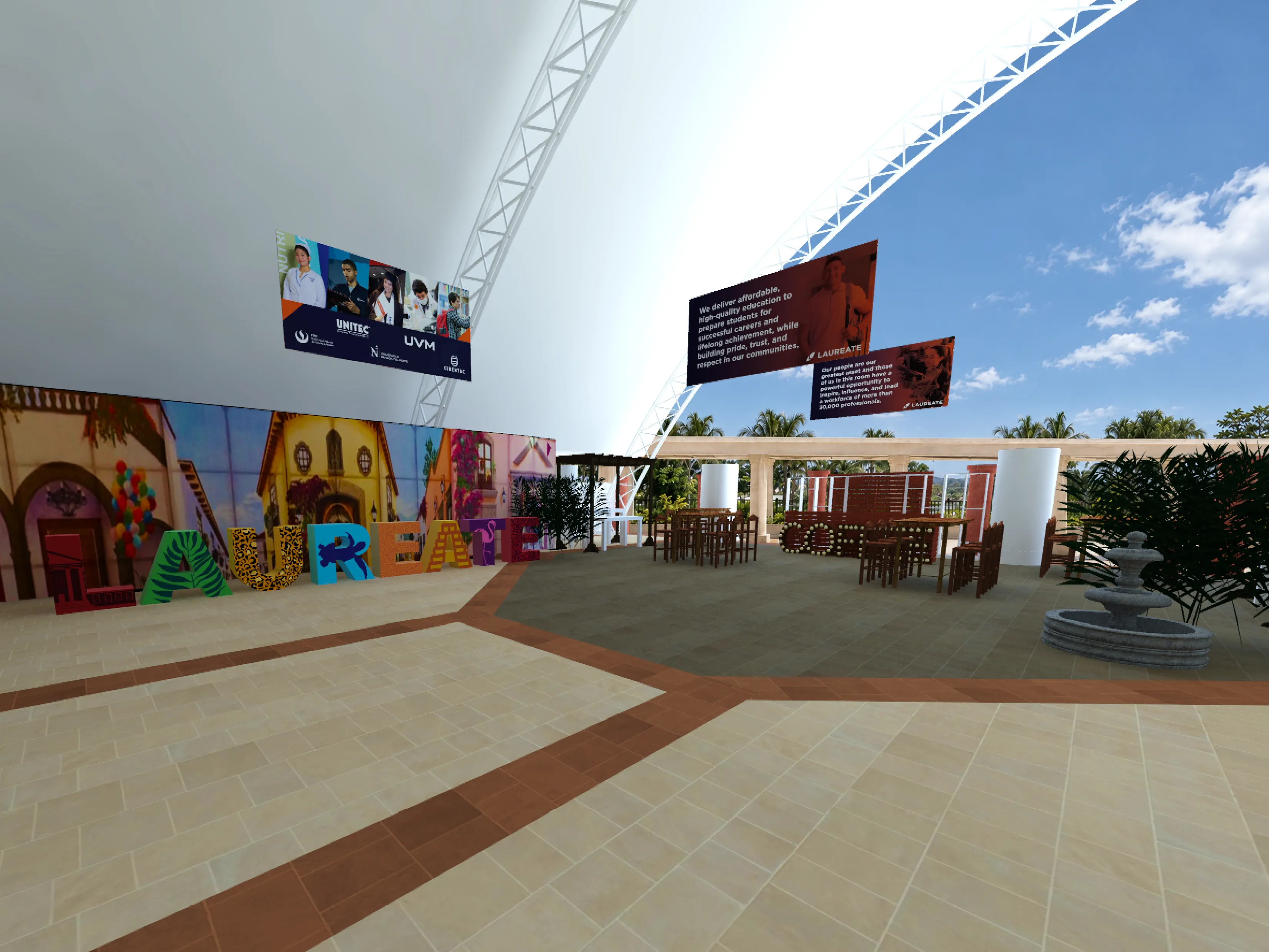 3D render of Tulum Terrace with a panoramic pueblo backdrop, colorful dimensional letters, suspended banners, and a coffee station.