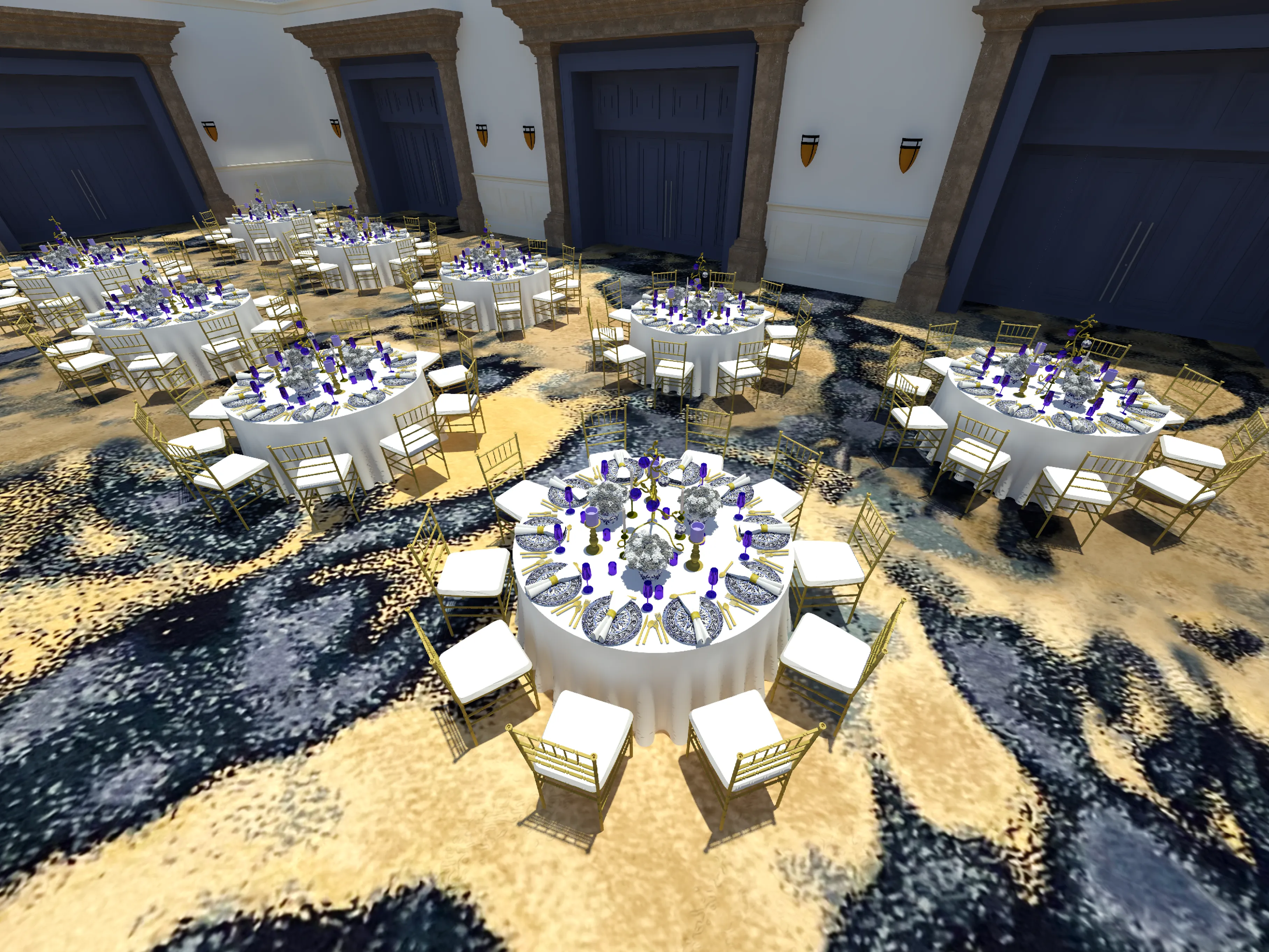 3D render of a ballroom lunch setup with white linens, gold chairs, blue glassware, and Talavera-inspired centerpieces.