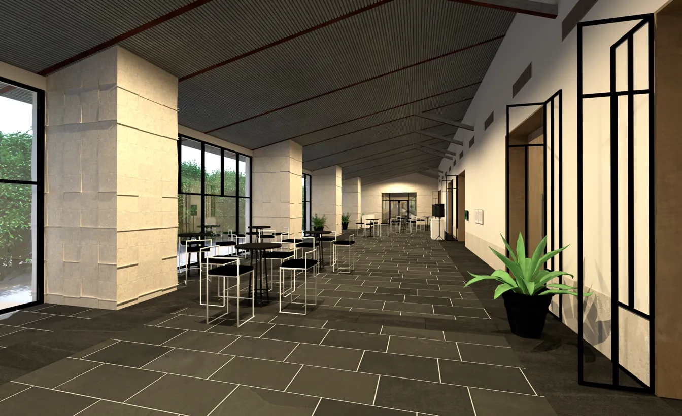 3D render of a hotel foyer with cocktail tables, high chairs, and tropical floral arrangements beside dark wood seating.