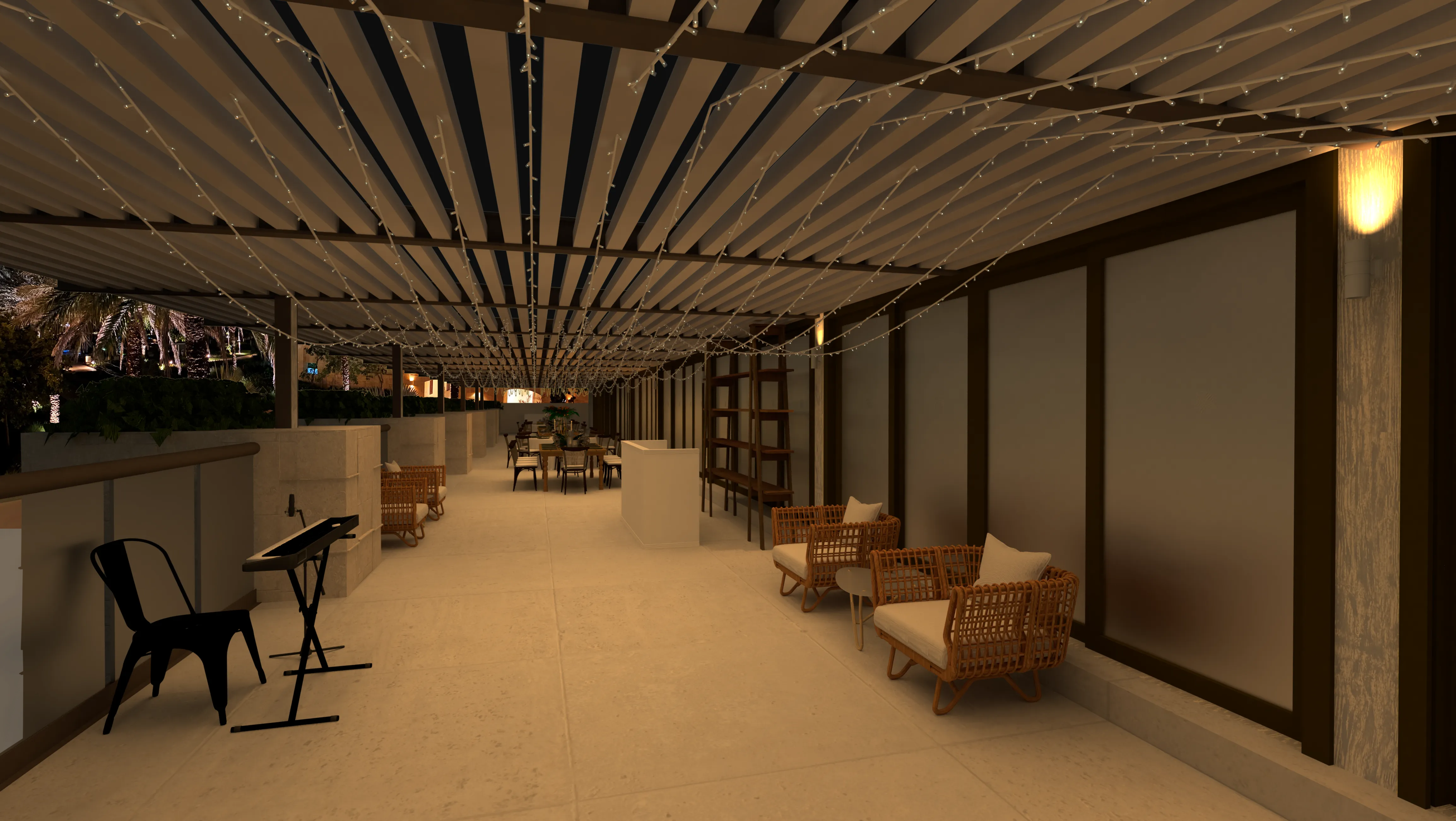 3D render of a long covered terrace with lounge seating, a keyboard position, and dining tables beneath fairy lights.