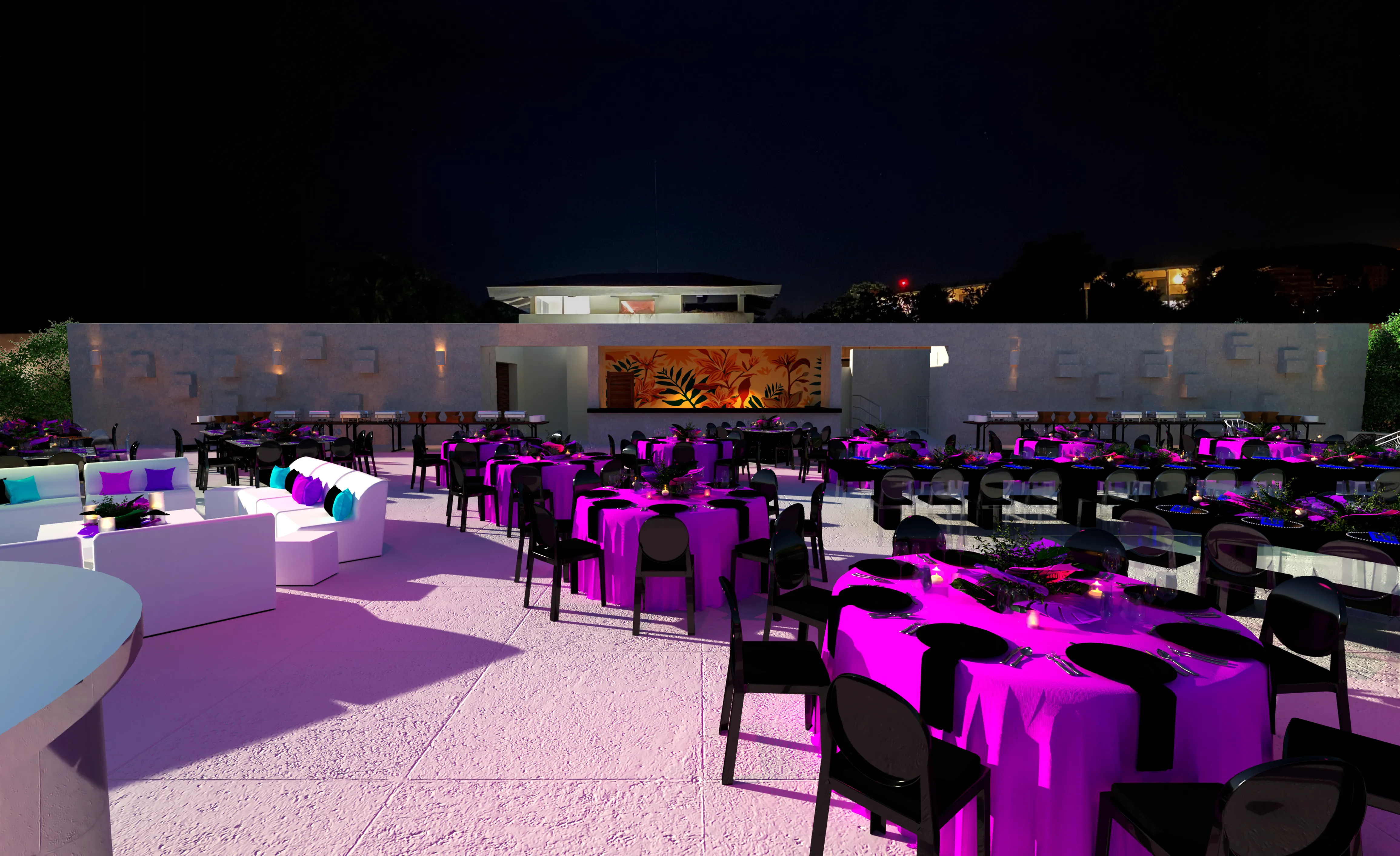 3D render of an outdoor dinner and party layout with white lounges, bright cushions, black dining tables, and purple lighting.