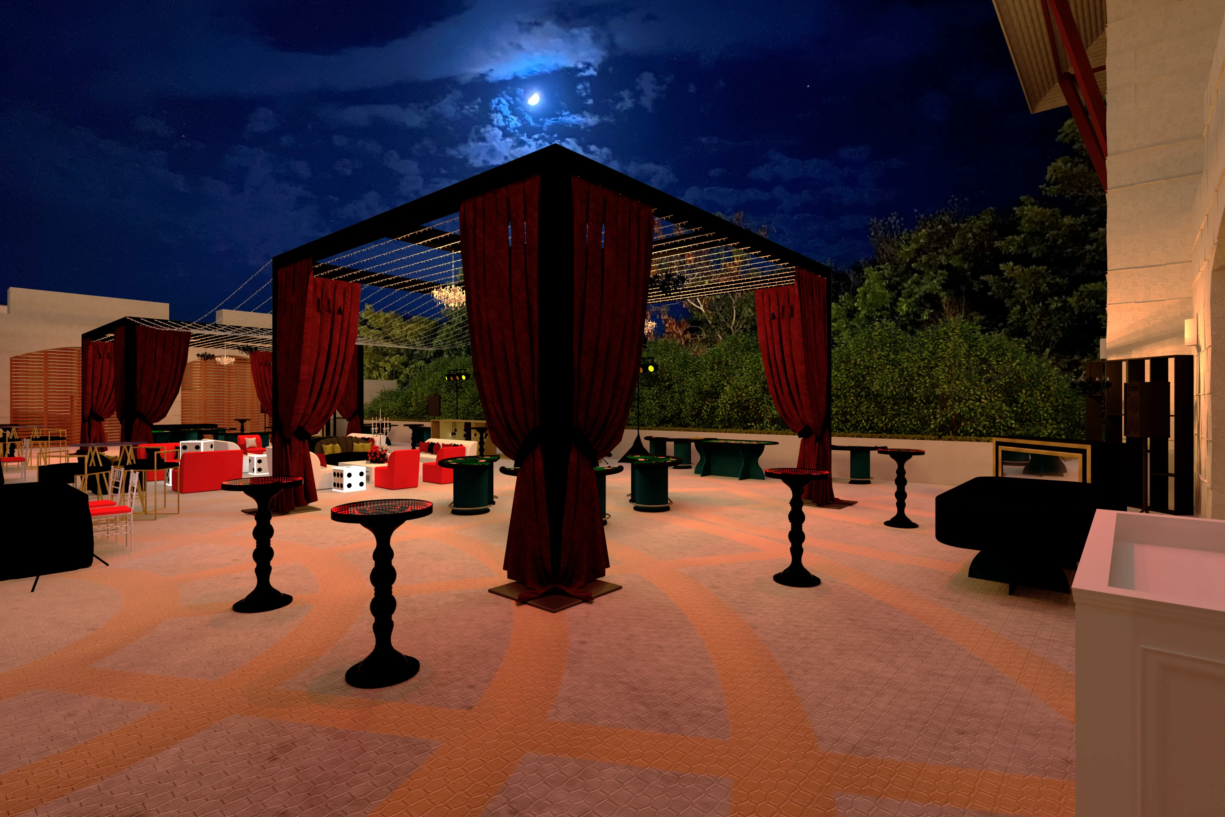 3D render of a patio casino entrance with red-draped structures, chandeliers, cocktail tables, and fairy lights.