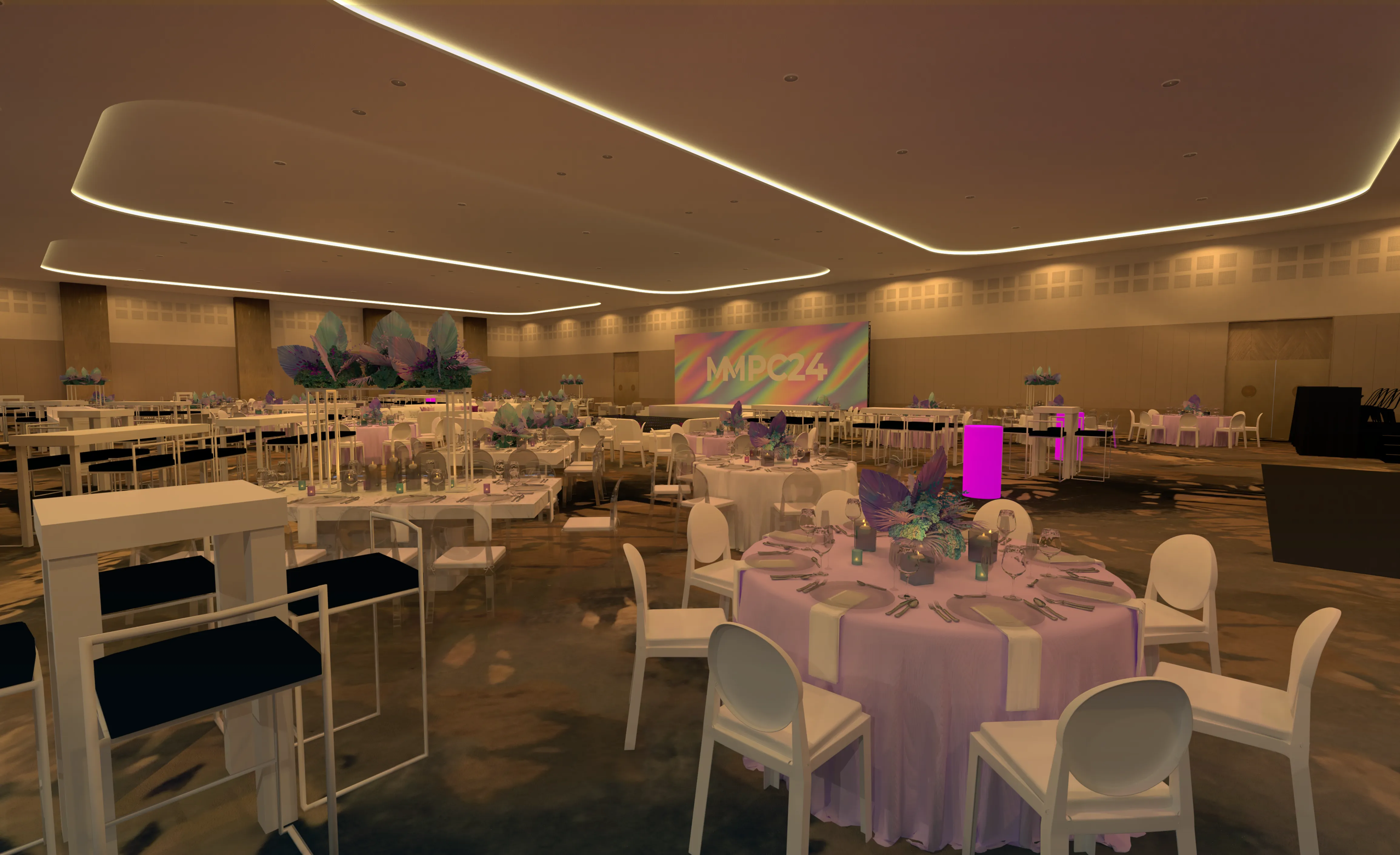 3D render of a ballroom dinner layout with white seating, mixed dining tables, pale tropical centerpieces, and perimeter lounges.