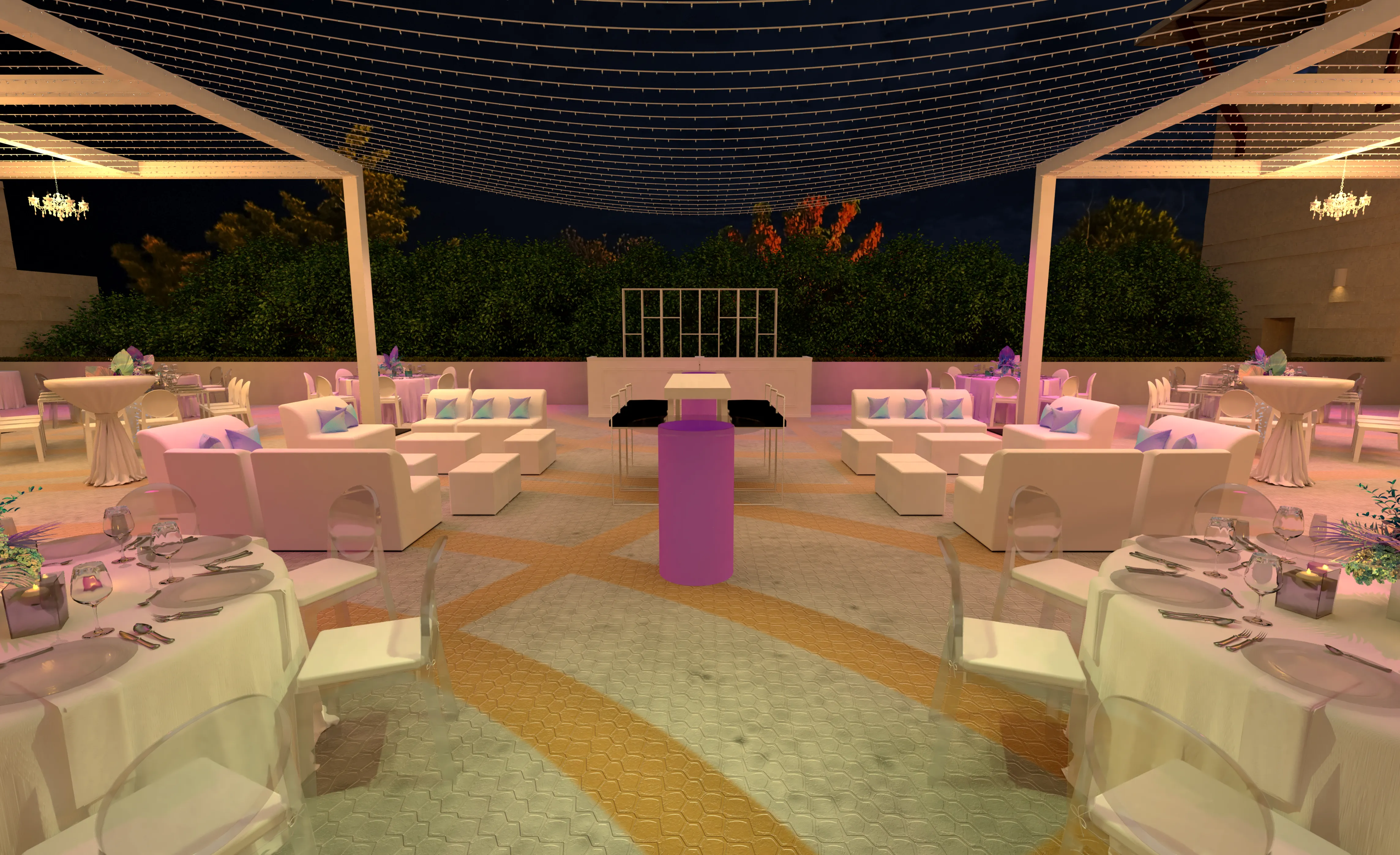3D render of a patio dinner setting with white-clad structures, white seating, round tables, and a canopy of fairy lights.