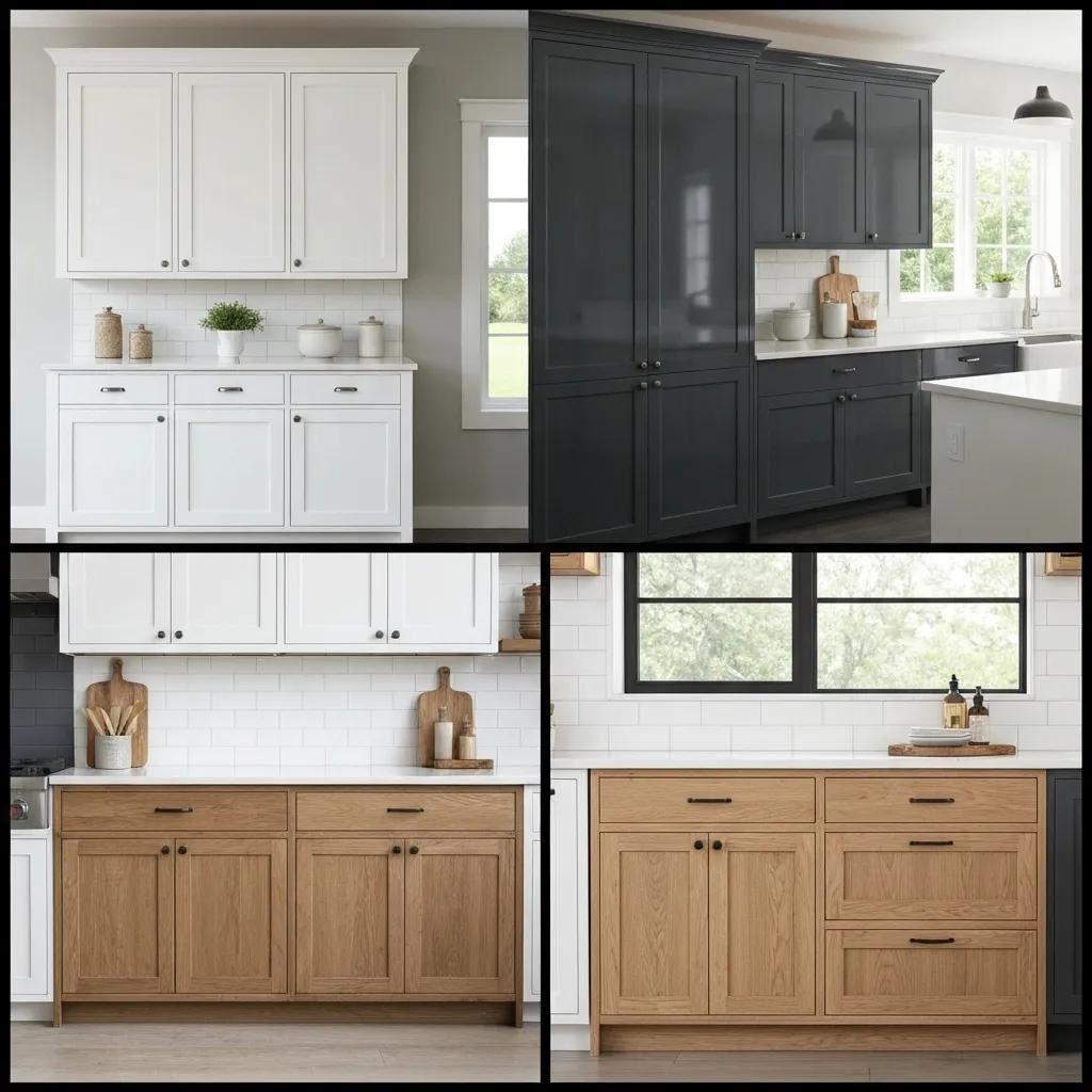 A diverse display of kitchen cabinet styles, including Shaker, flat-panel, and slab-front designs, presented in various attractive finishes.