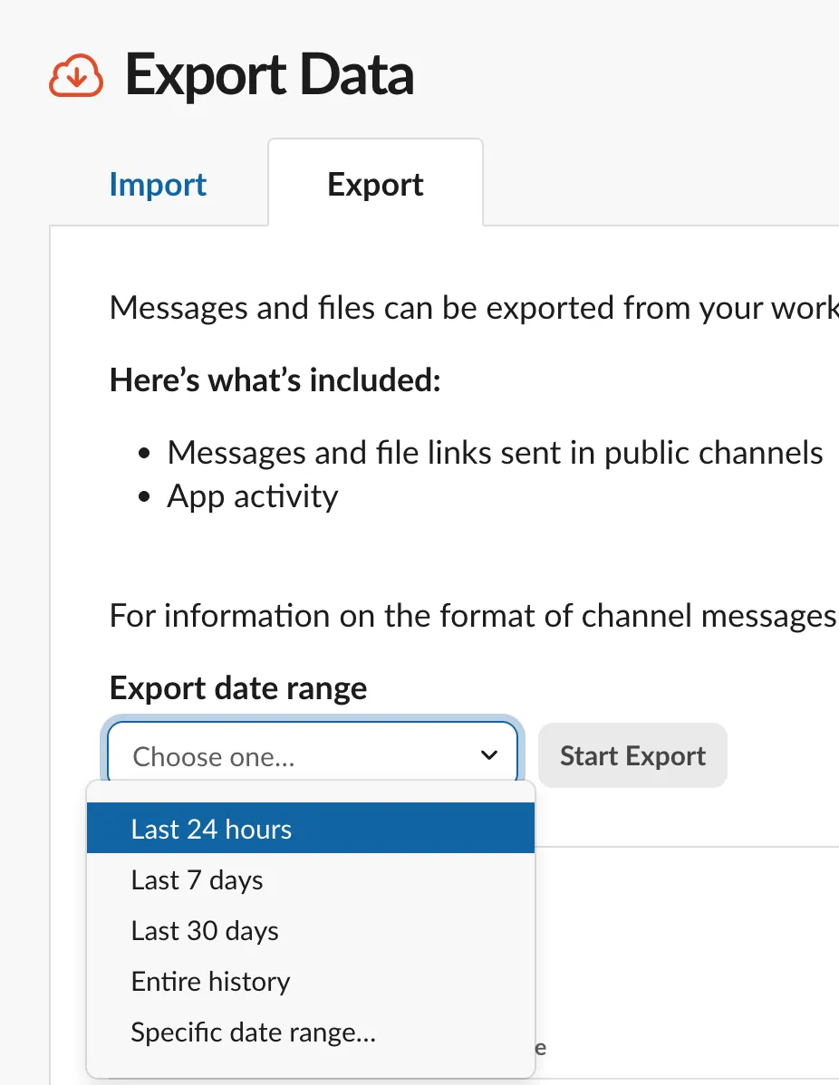 Slack data export section in the workspace admin settings