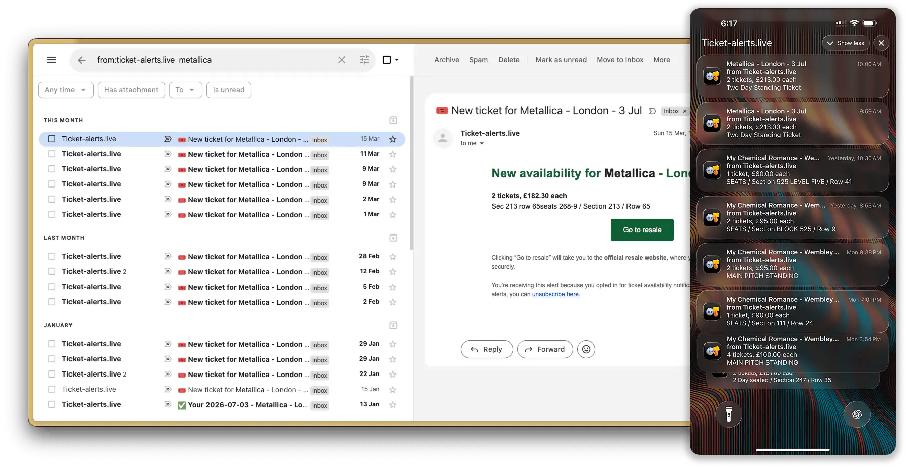 Ticket alerts on a mobile and desktop.