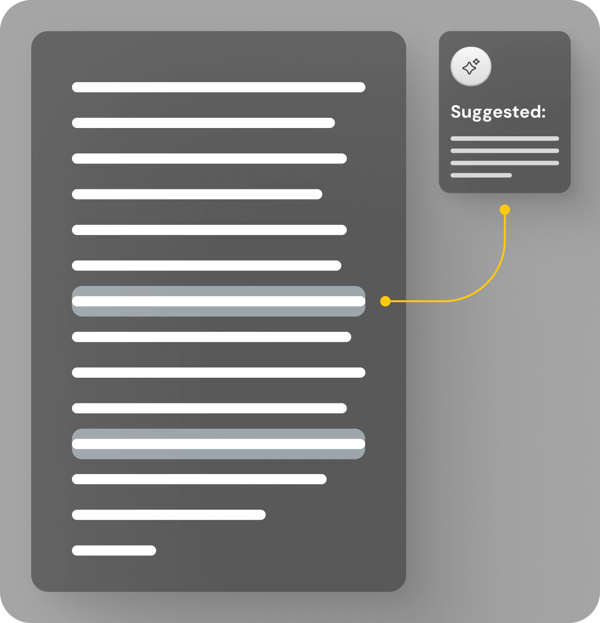 Dark interface showing a document with two highlighted lines connected to a ‘Suggested’ tooltip box with a sparkle icon.