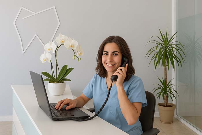 Smiling dental office receptionist in blue scrubs sits at a modern front desk, talking on the phone and working on a laptop, with orchids and plants in the background.