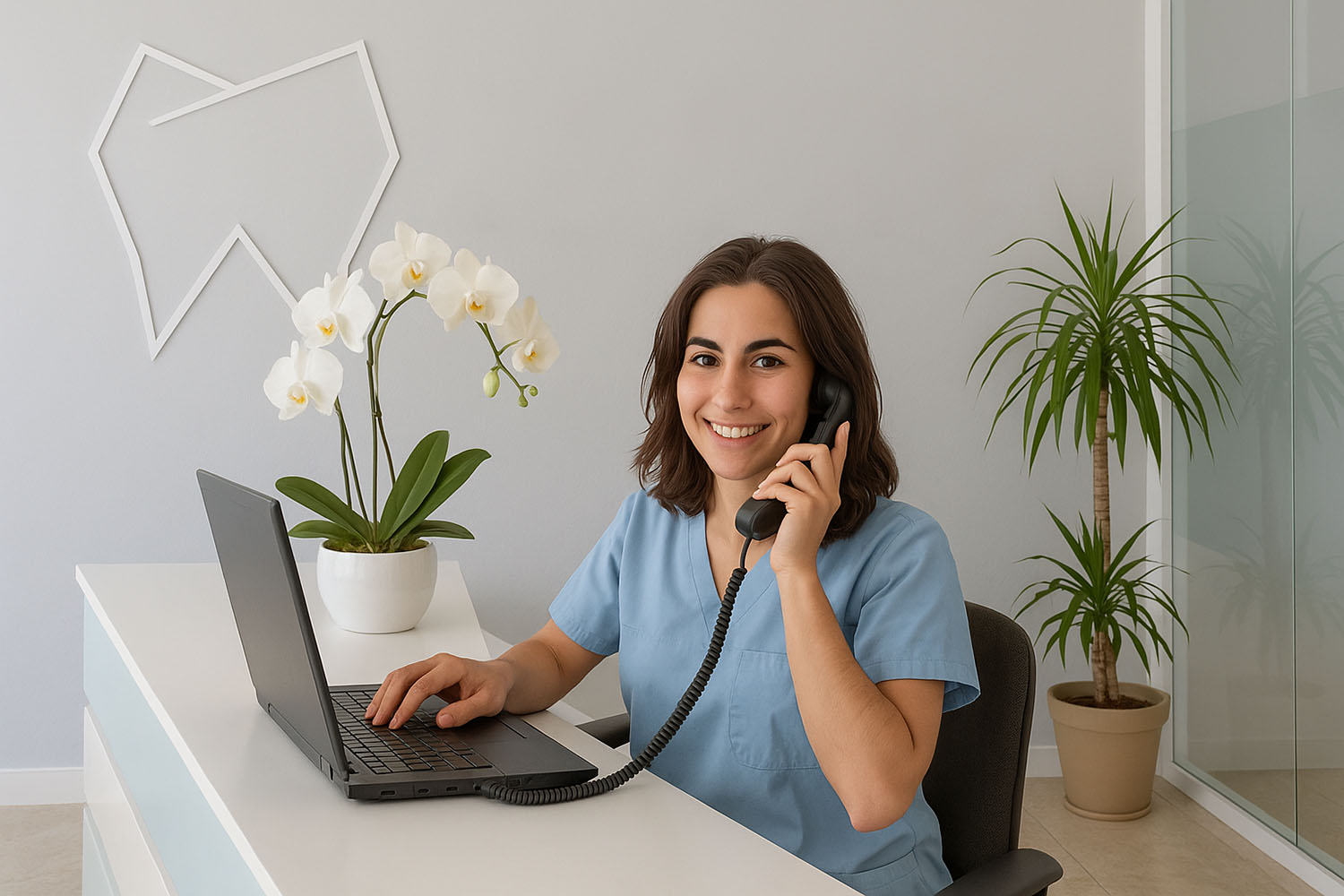 Smiling dental office receptionist in blue scrubs sits at a modern front desk, talking on the phone and working on a laptop, with orchids and plants in the background.