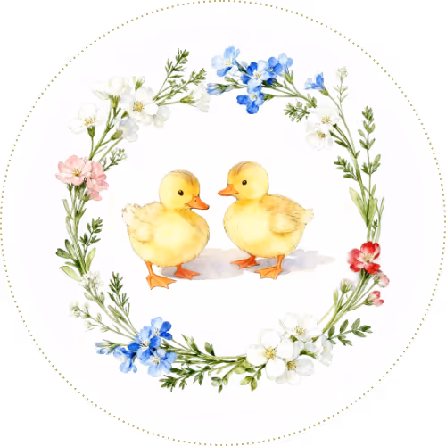 Two yellow ducklings facing each other inside a circular floral wreath with blue, white, and pink flowers.