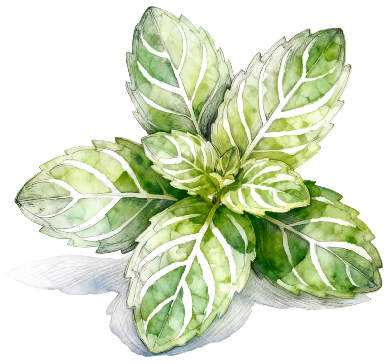 Watercolor illustration of a peppermint sprig with green leaves and white veins.