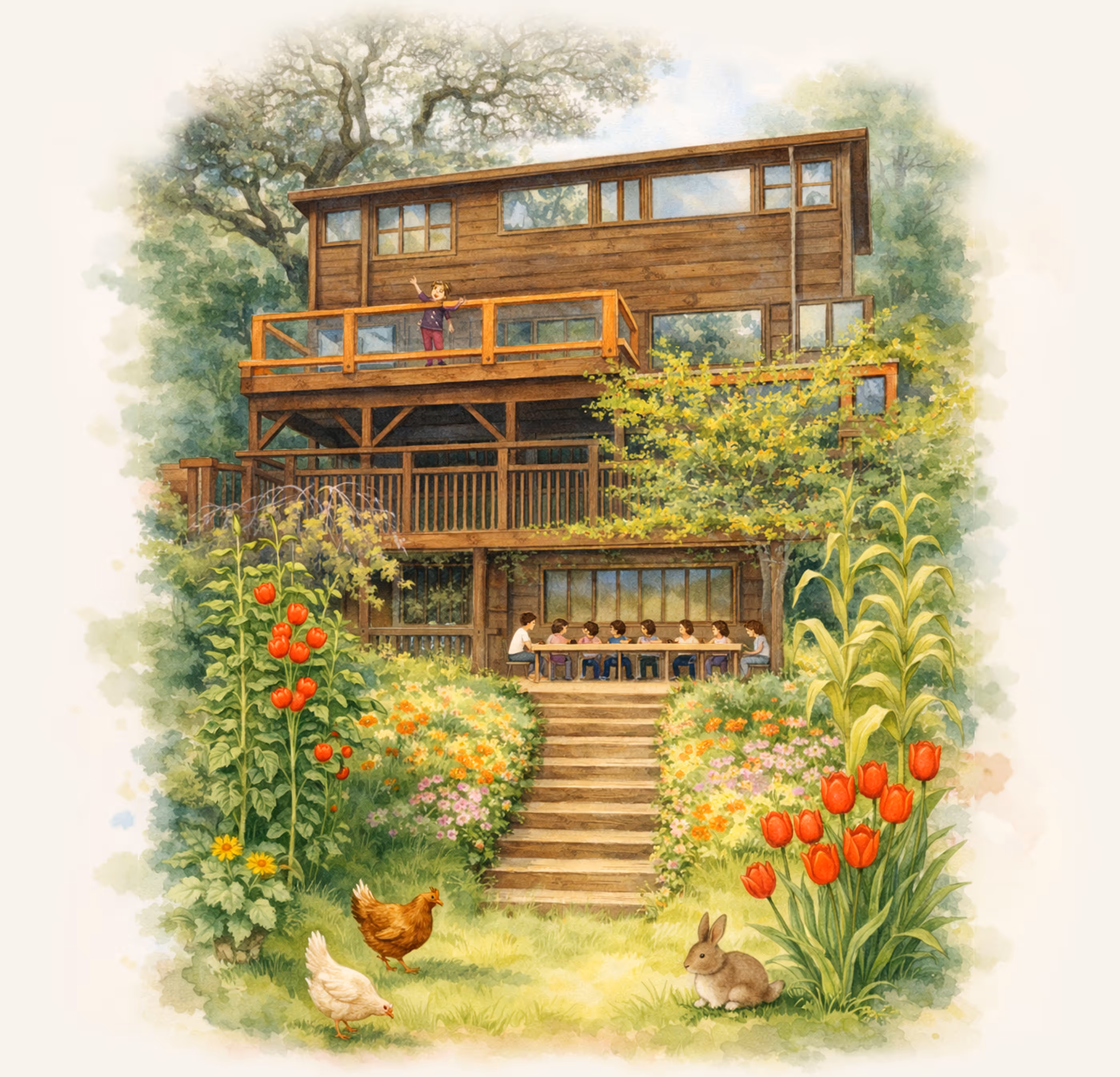 Illustration of a cozy house with a red door, large tree with a swing, garden vegetables, and animals, symbolizing the nurturing home-like environment at Tree Sprites.