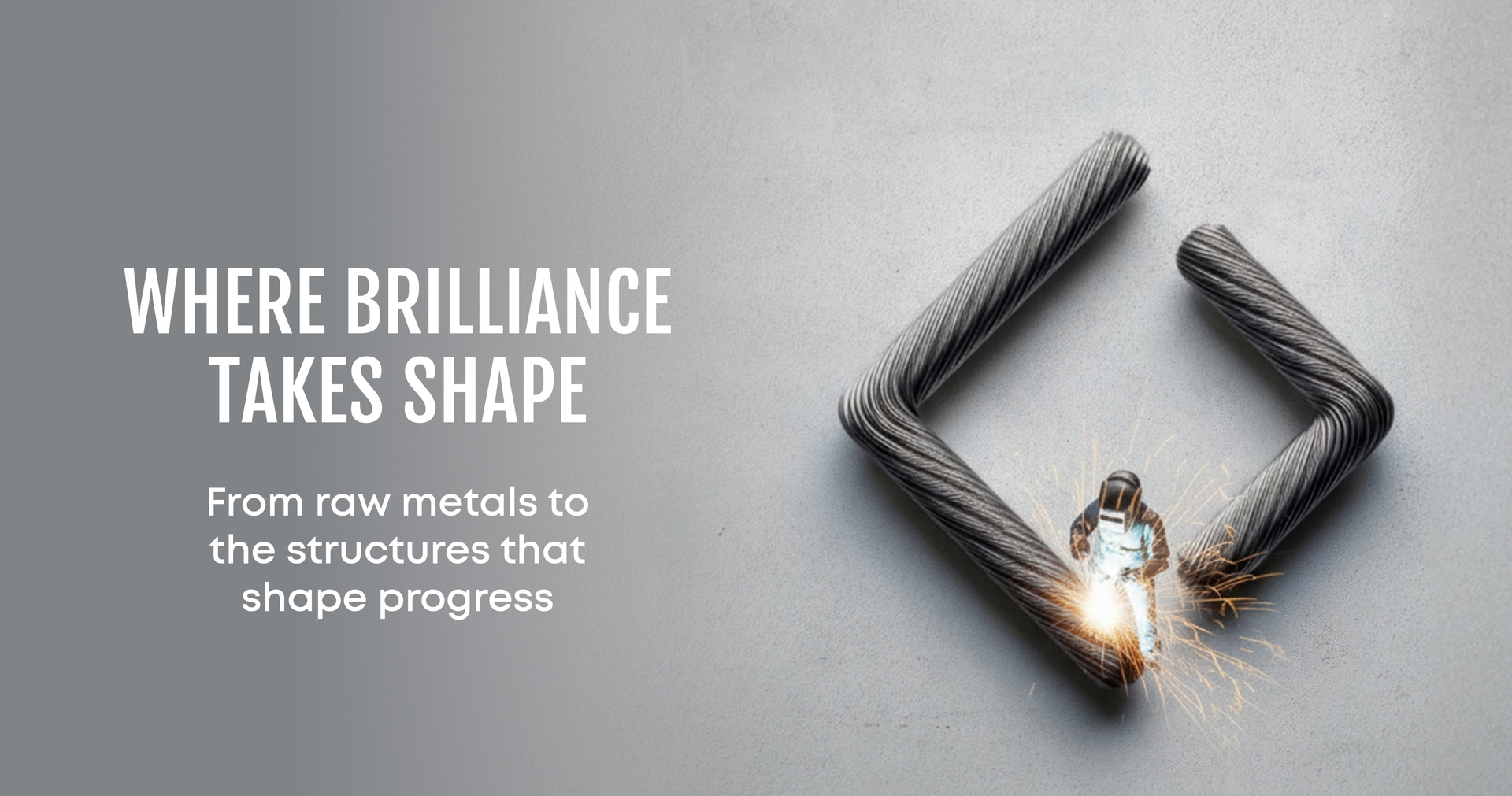 Welder in protective gear sparks metal rods bent into a square shape on a gray surface.