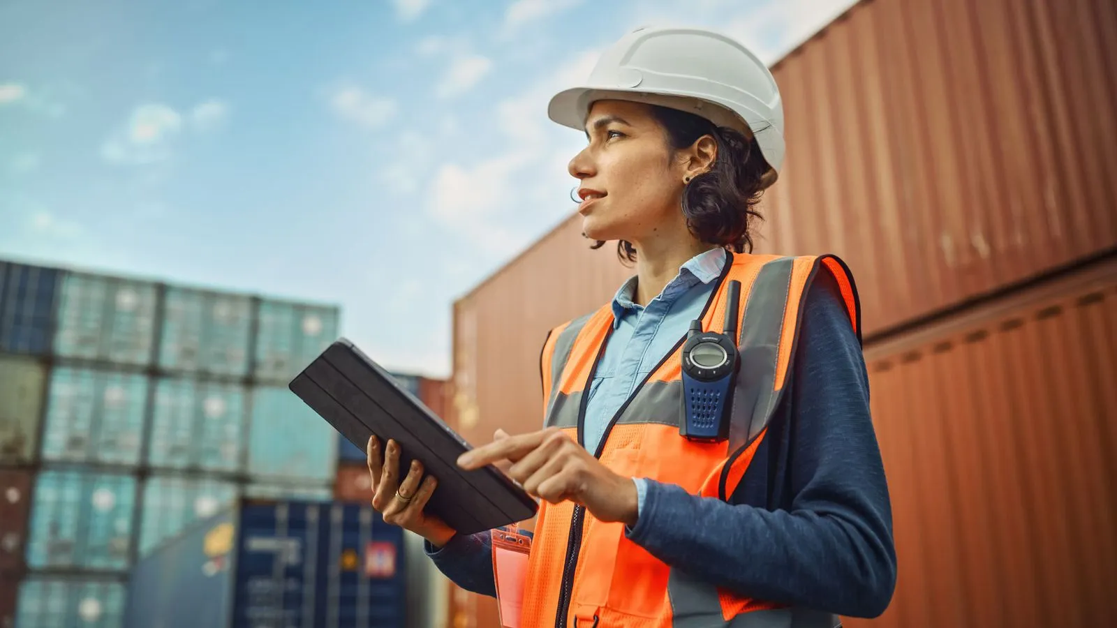 Woman on the Work in Construction Zone Looking at the Horizon