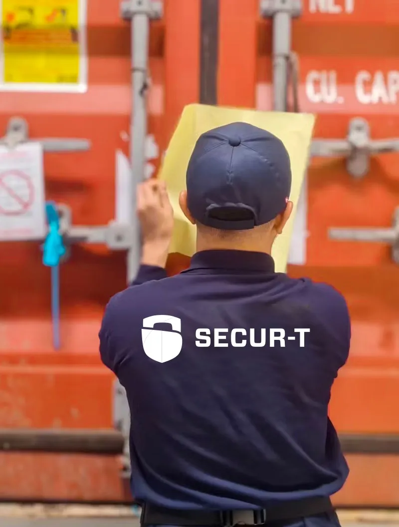 Agent de sécurité au travail, de dos, portant une casquette