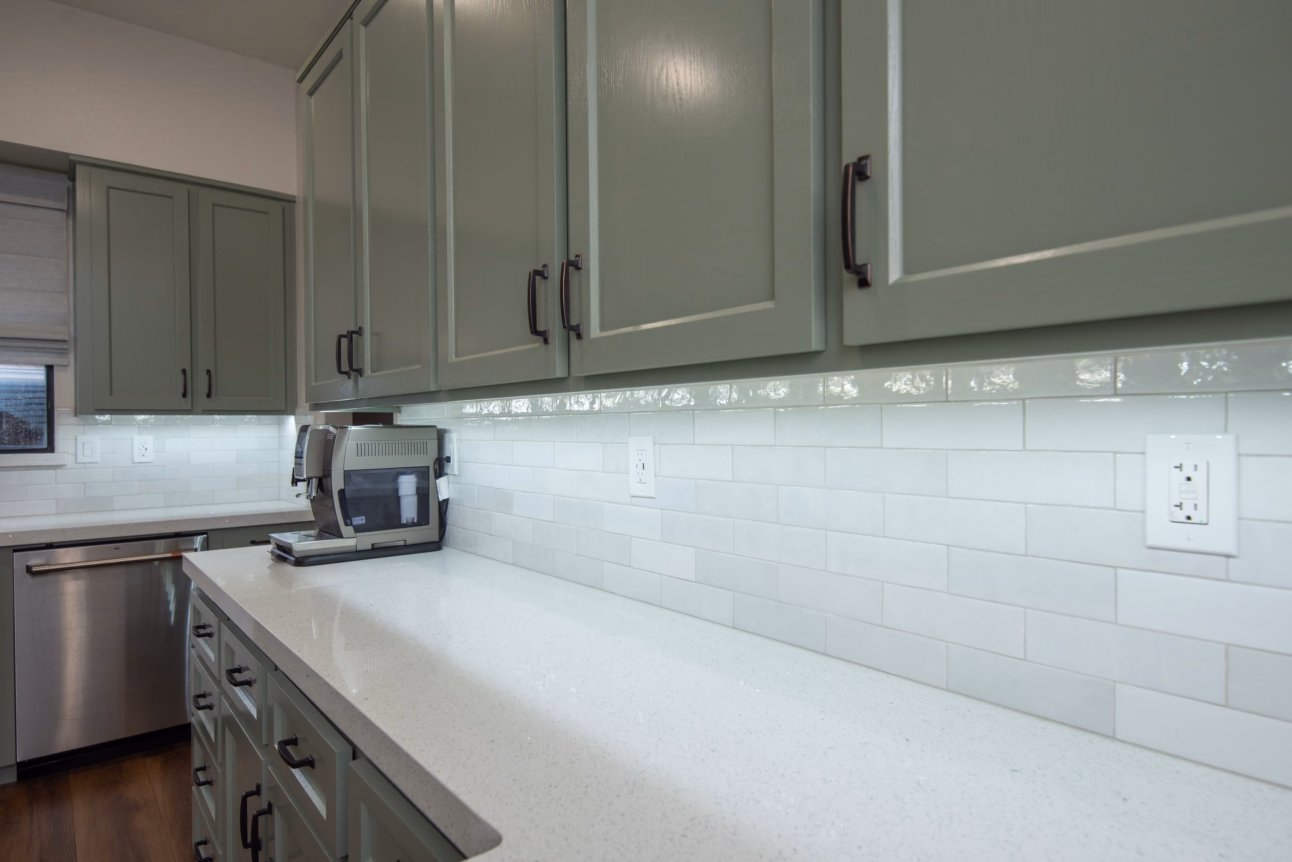 Kitchen remodel in Tracy by kitchen & bath CRATE – cabinets, hardware, backsplash, tile, countertops, lighting