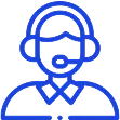 A blue line drawing of a person wearing a headset.