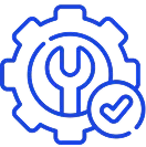 A blue icon of a gear wheel with a check mark.