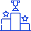 A blue lit up trophy with stars around it.