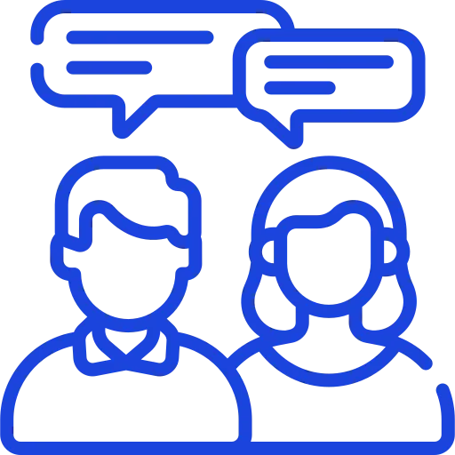 A blue line drawing of two people with speech bubbles above their heads.