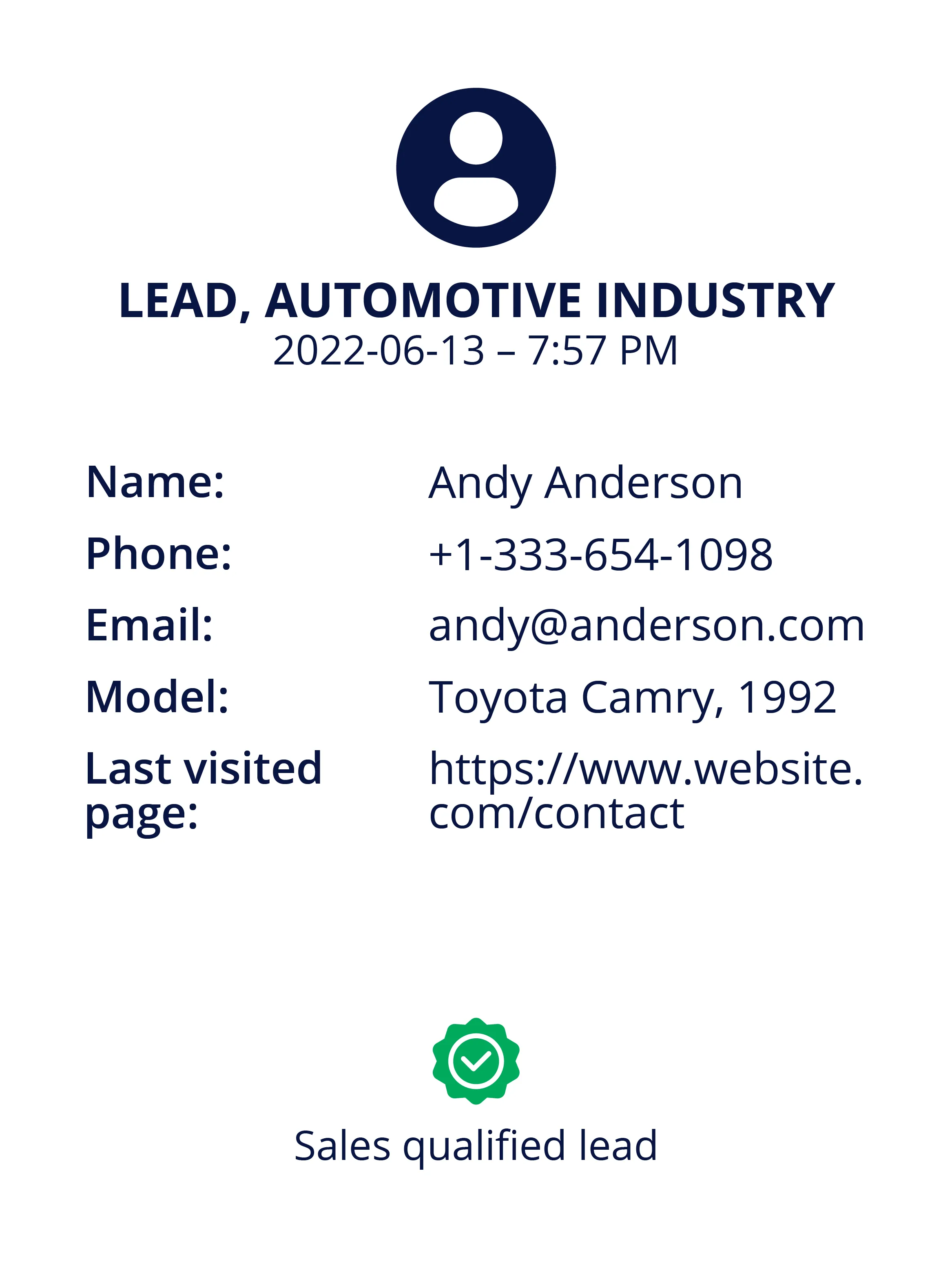 A white business card with the words lead automotive industry.