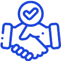 A blue line drawing of a person shaking hands.