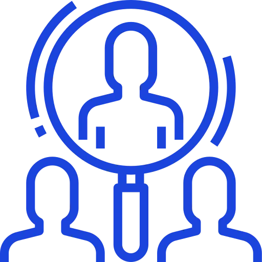 A blue icon of a group of people with a magnifying glass.