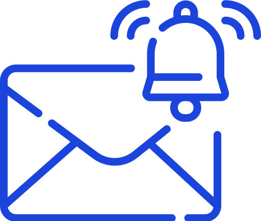 A blue outline of an envelope with a bell.