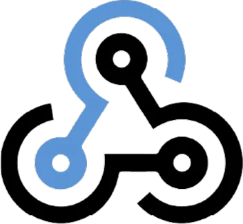 A blue and black logo with the letter r.