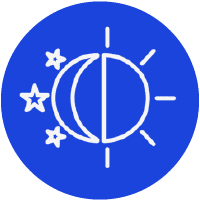 A blue circle with a white outline of a sun and stars.