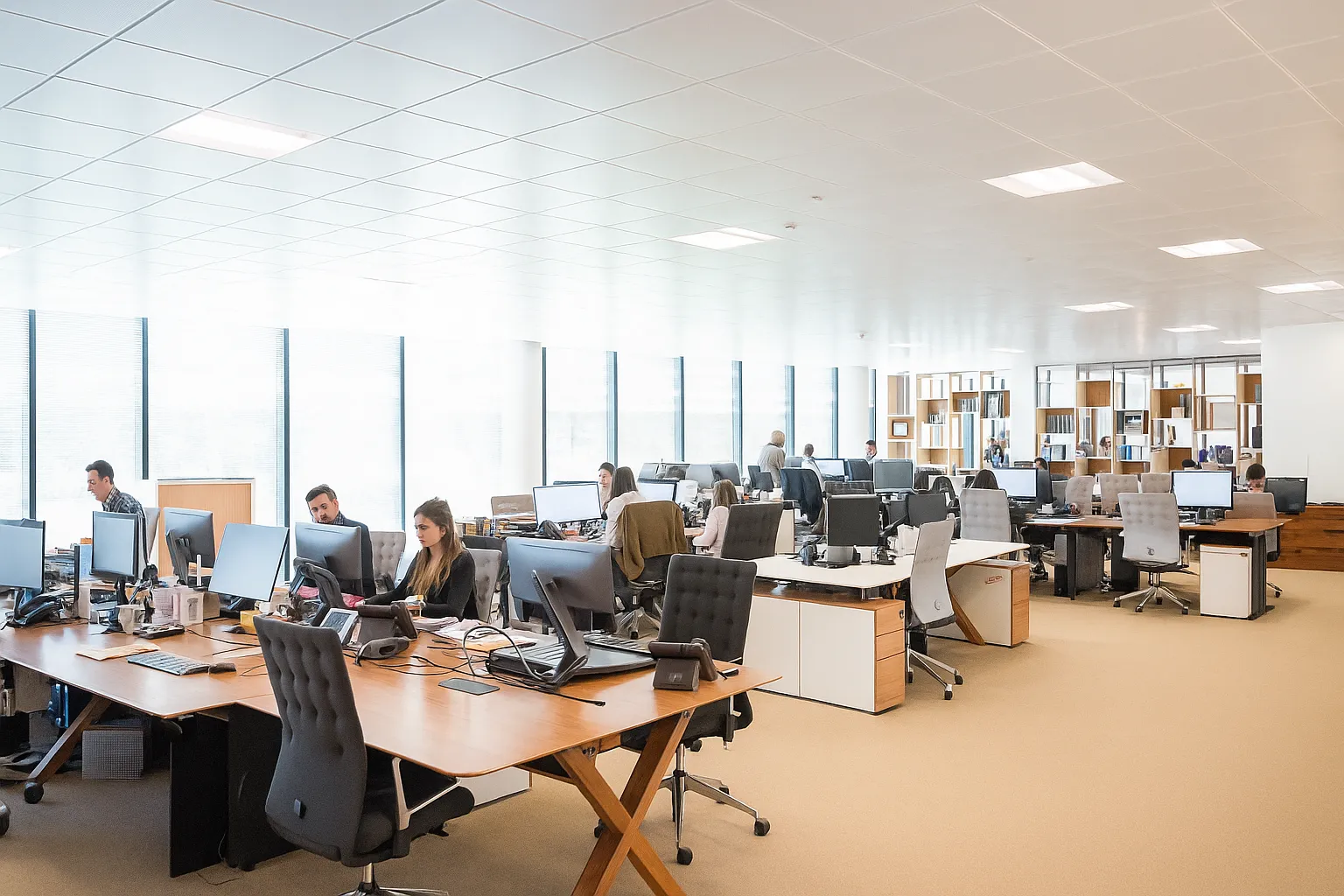 A group of people working in an office.
