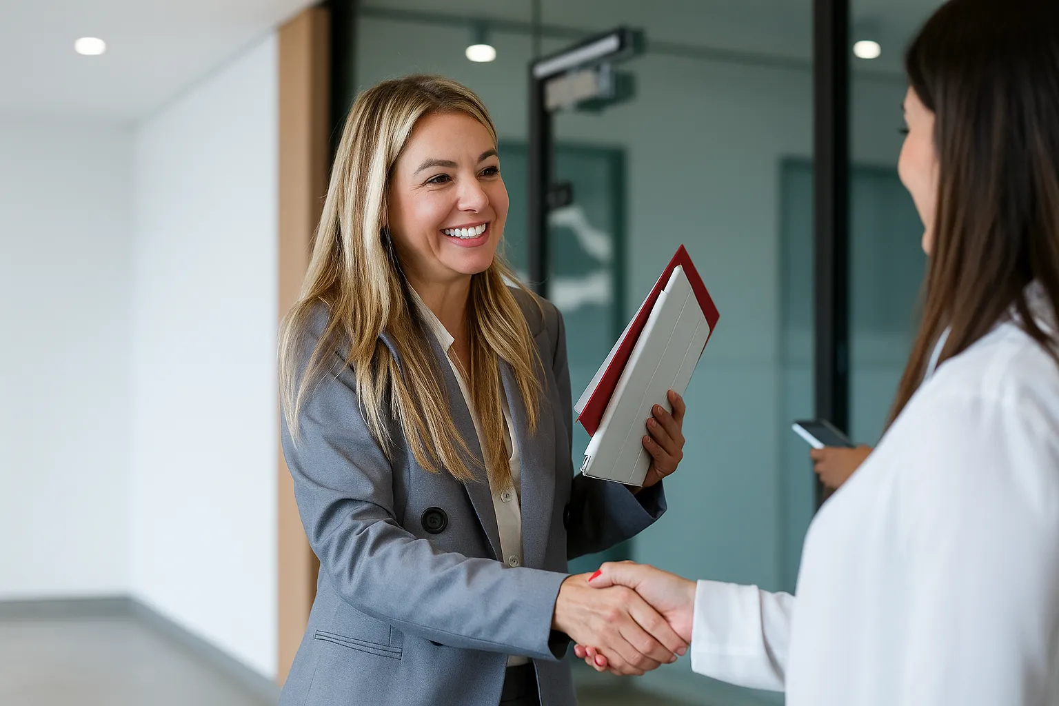 A woman shaking hands with a man in a suit.