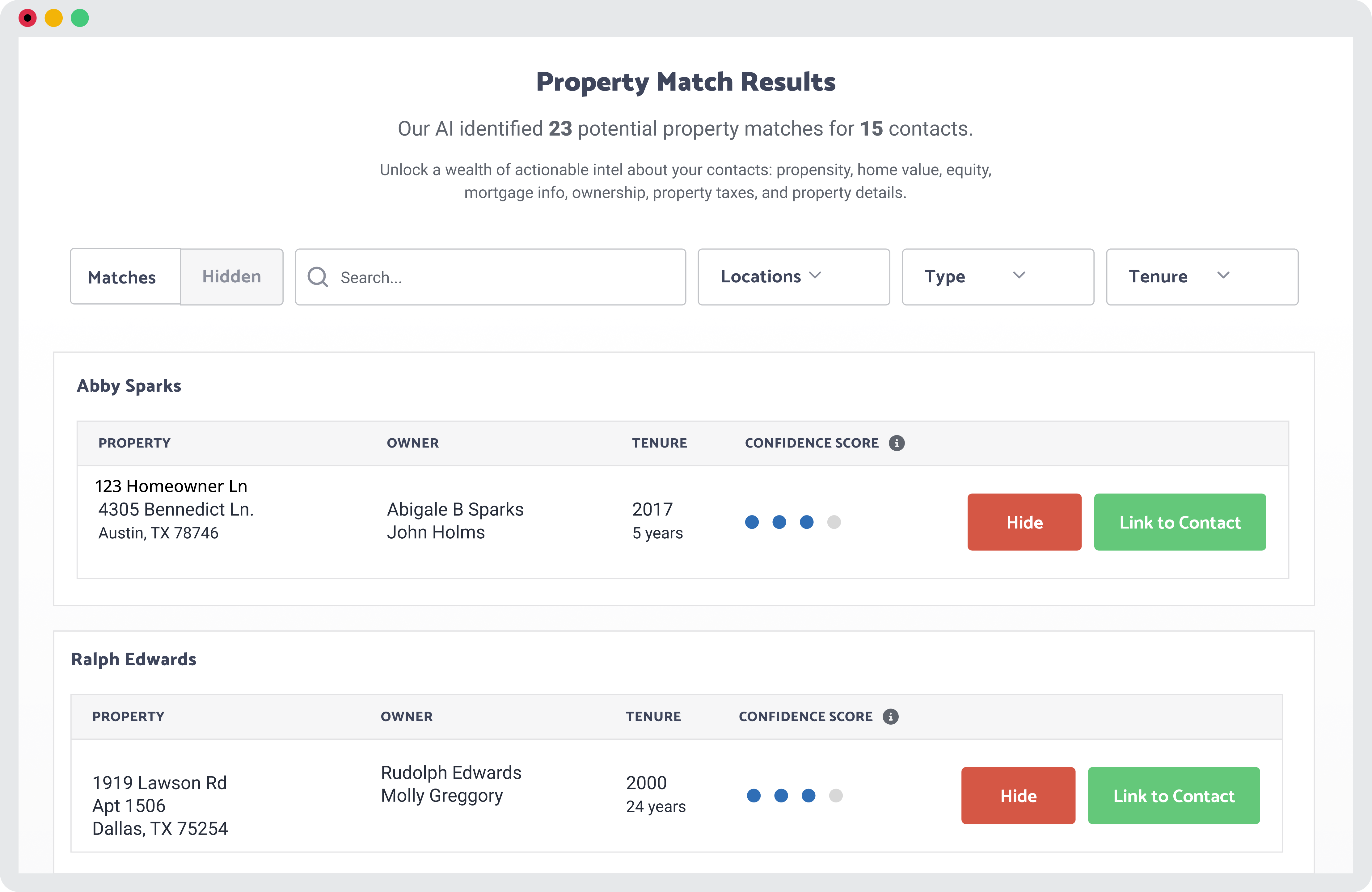 Live inHere Property Matching Dashboard for Real Estate Contacts