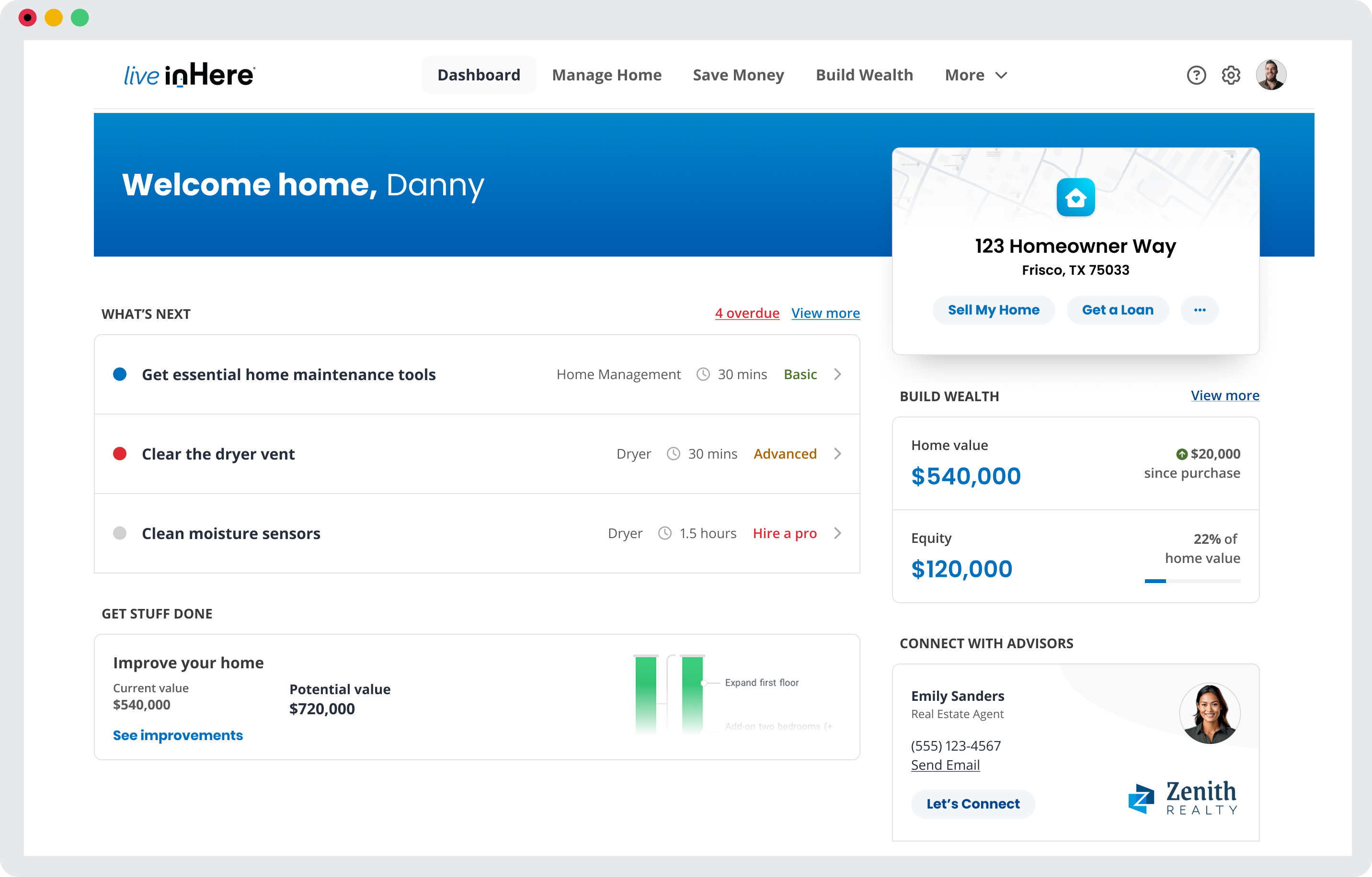 Powerful Homeowner Hub Dashboard with Tools to monitor value and equity, save money, and manage home.