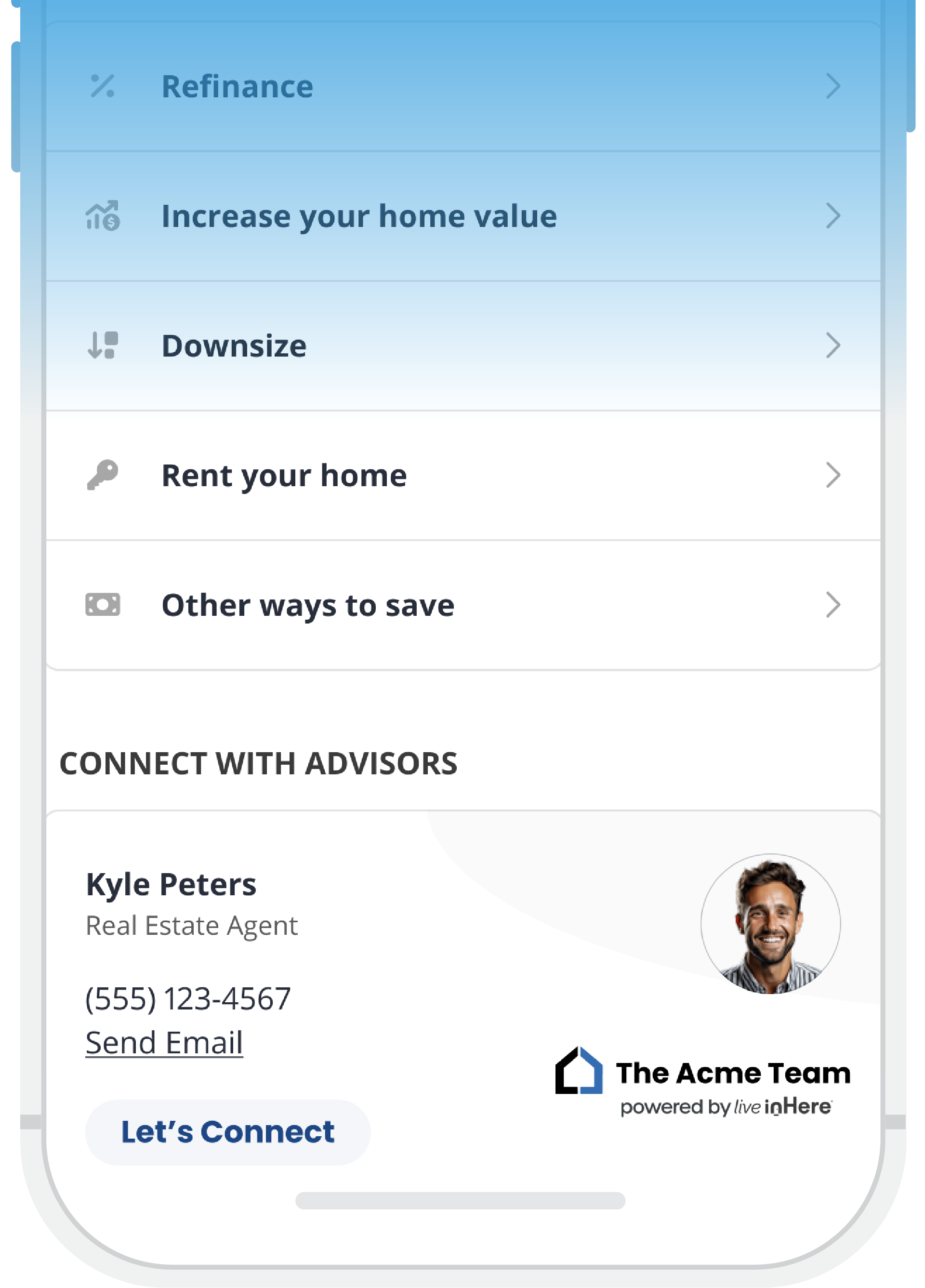 A real estate app focused on an agent's contact information and quick connection for the client.