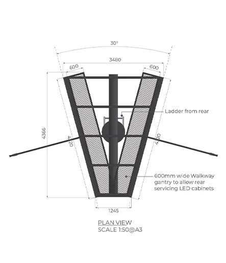 Plan view technical drawing of the V-shaped billboard structure with gantry and dimensions.