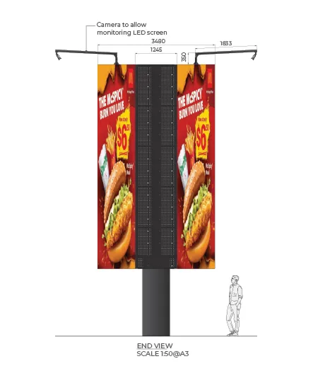 Technical drawing of a double-sided McSpicy $6 LED digital advertising screen.