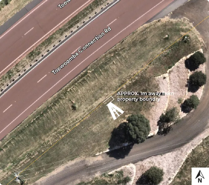 Overhead map of Toowoomba Connection Rd showing a property boundary 1m from the road.