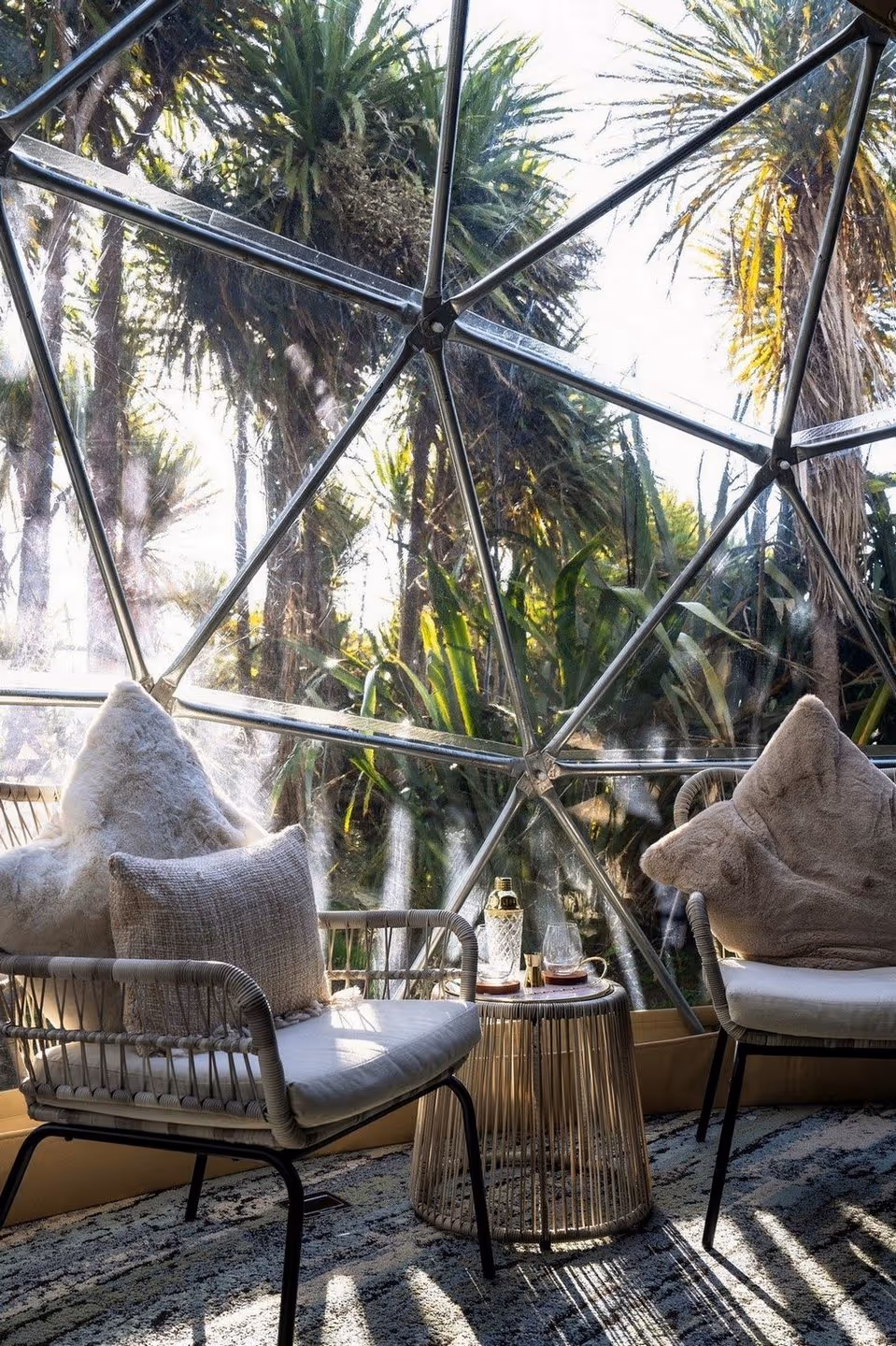 Cozy seating area inside a geodesic dome with plush chairs and a small table, surrounded by lush palm trees and bathed in soft natural light.