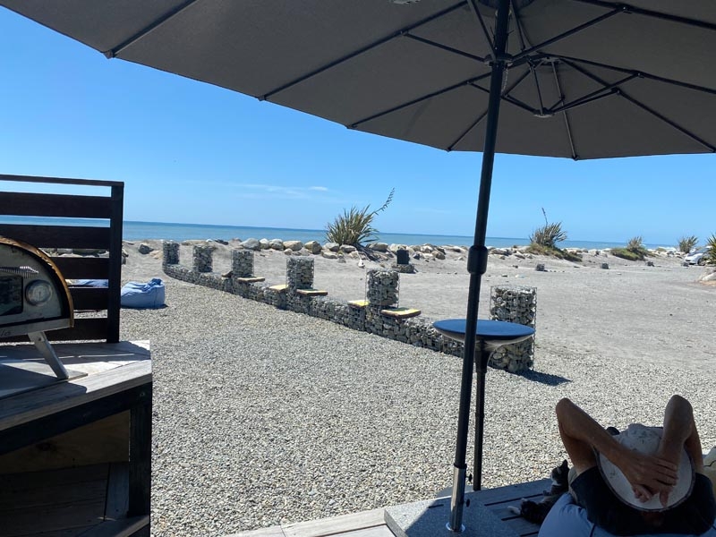 Beach scene with loungers under umbrellas on sandy shore, clear blue sky above. A dog with pointed ears sits in shade, viewing the calm sea. Peaceful vibe.