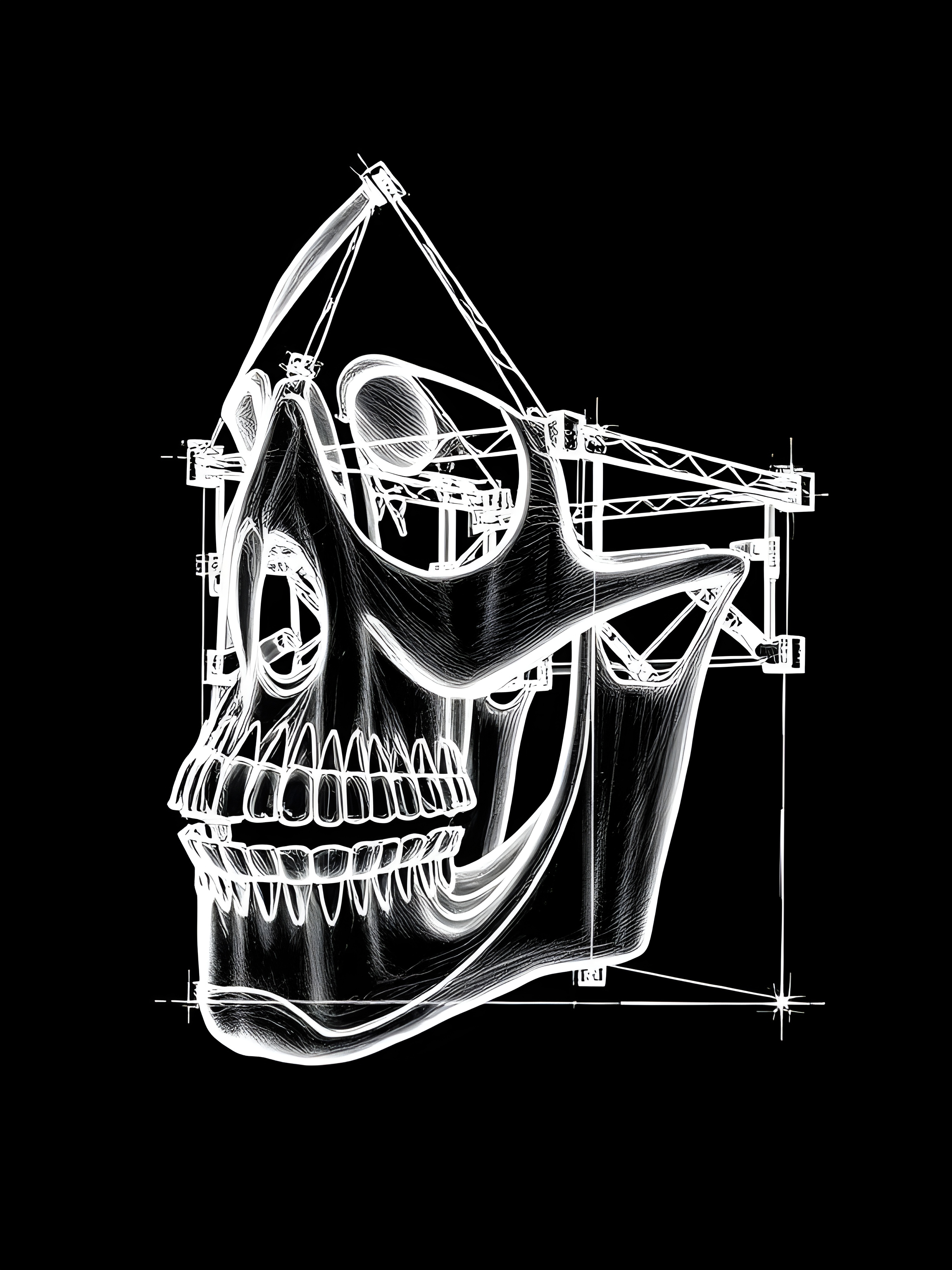 White technical drawing of a human skull with geometric construction lines on a black background.
